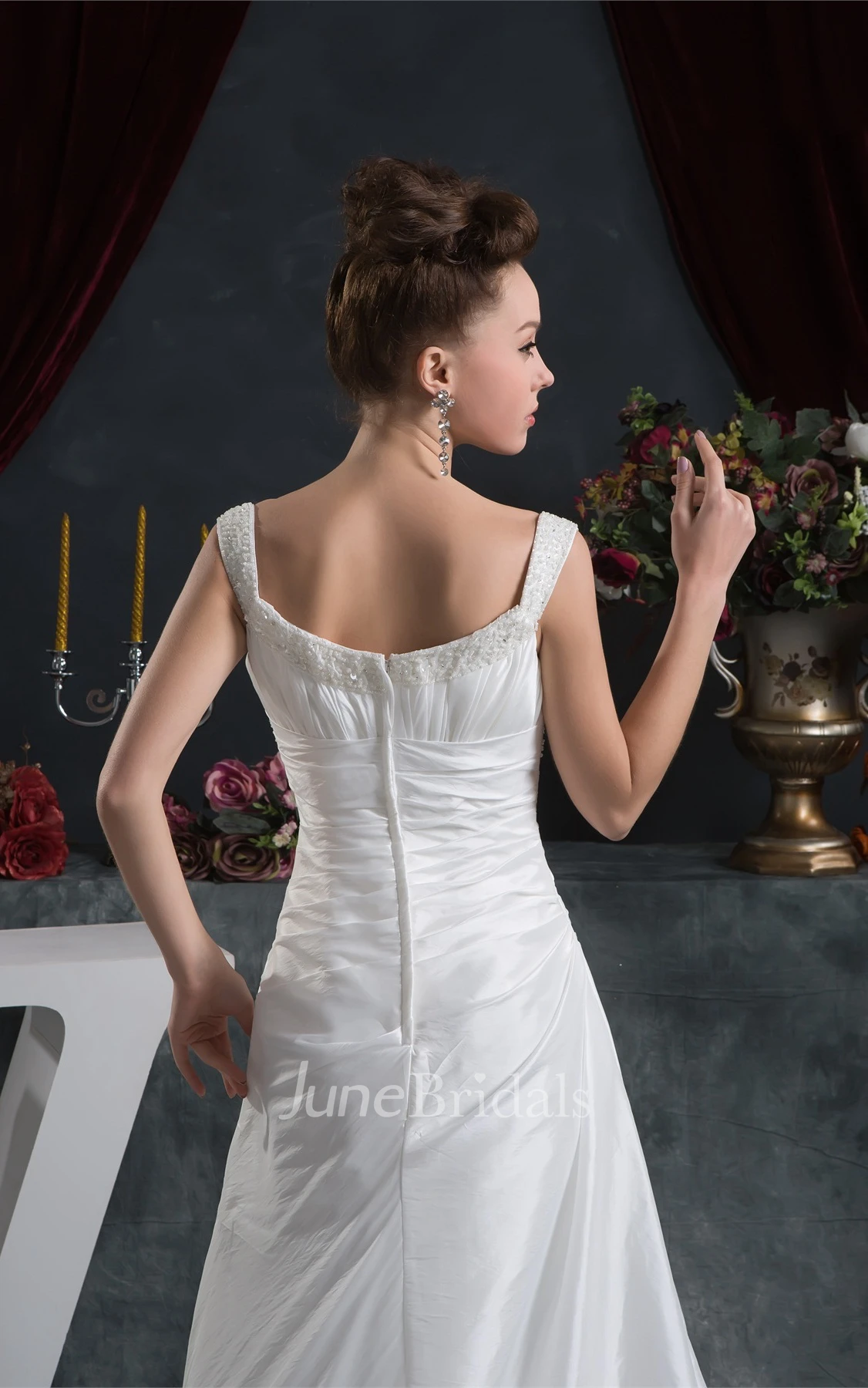 Strapped Ruched Taffeta A-Line Dress with Crystal Detailing