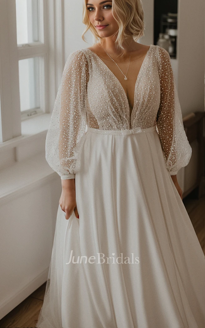 Plus Size A-Line Plunge Neckline Spring Wedding Dress Modern Long Sleeve Pearl Bridal Gown