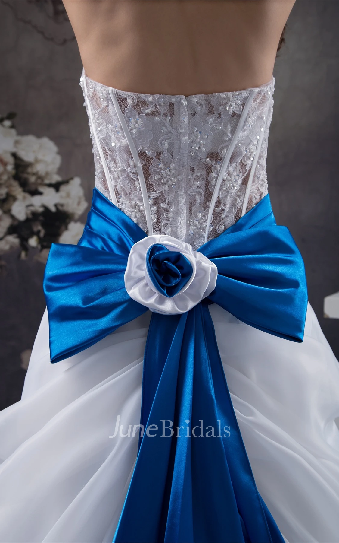 Strapless Lace A-Line Gown with Bow and Central Draping