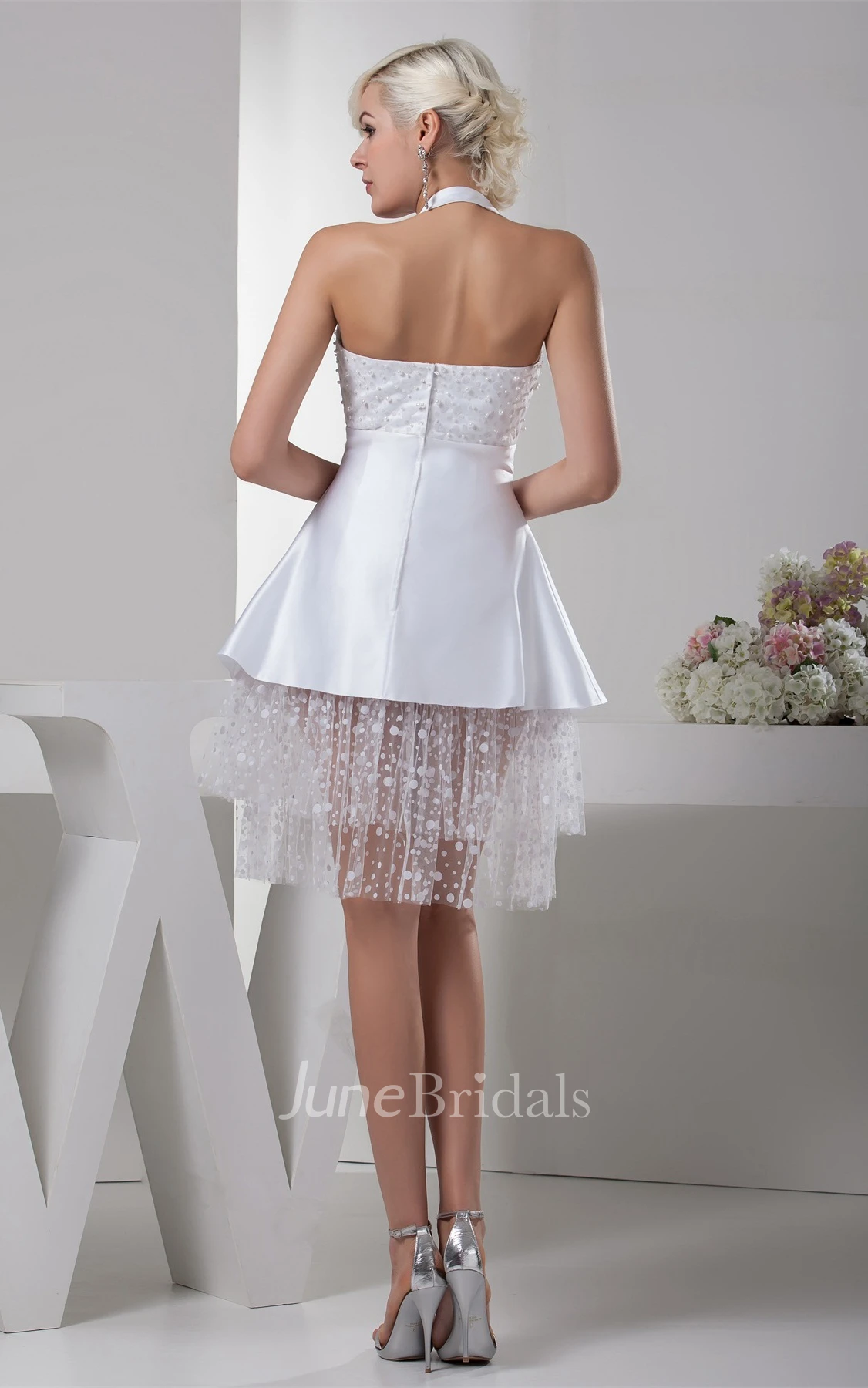 Haltered Satin Mini A-Line Dress with Bow and Stress