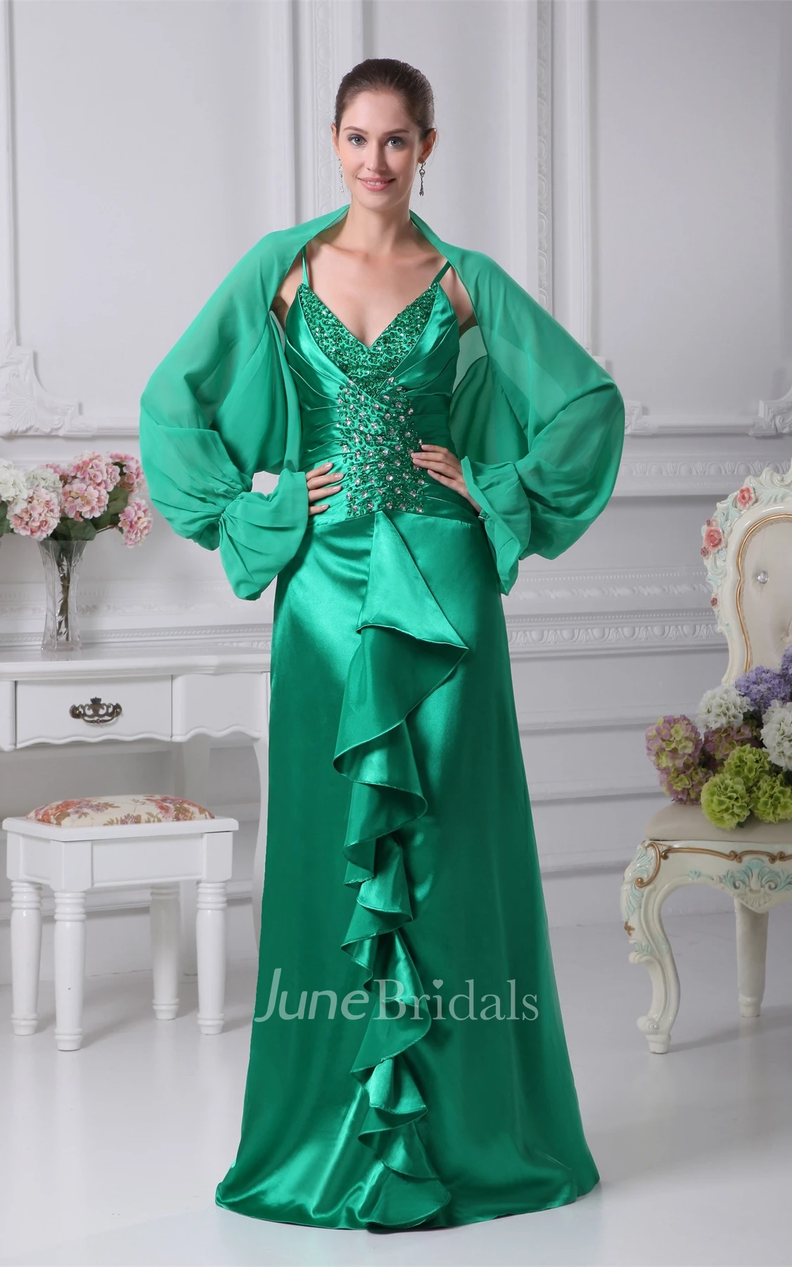 Spaghetti-Strap Ruched Satin Gown with Bolero and Crystal Detailing