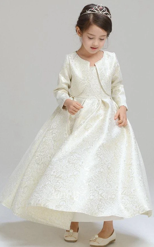 Floor Length Golden Brocade Girls' Communion Classic And Coat Set Dress