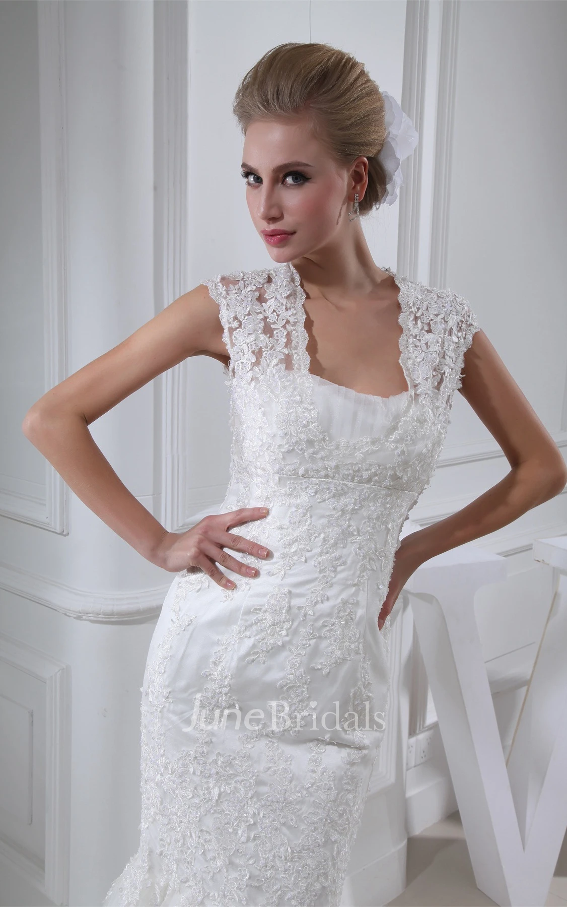 Queen-Anne Mermaid Tulle Dress with Appliques and Court Train