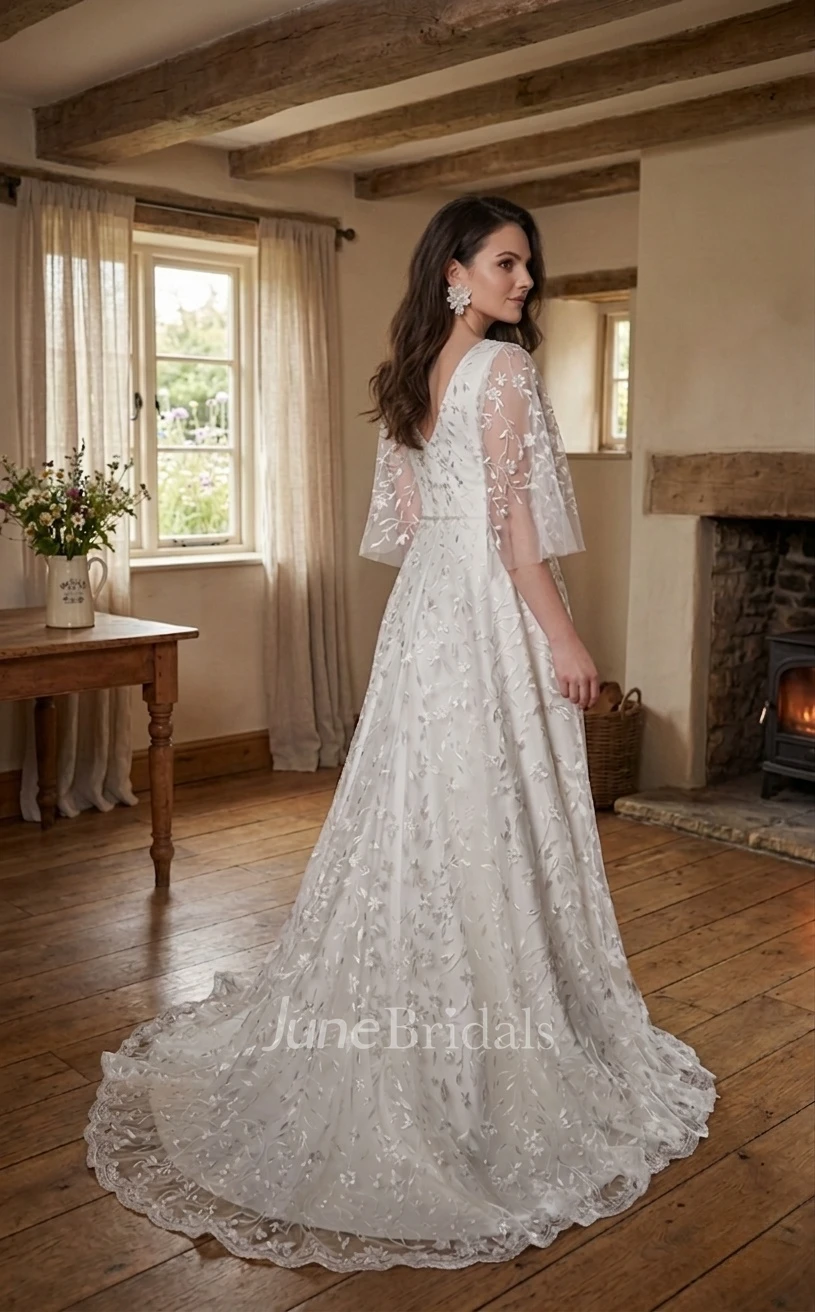 Floral Lace A-Line Wedding Dress with Flutter Sleeves Plus Size V-neck Gown for Big Bust Brides