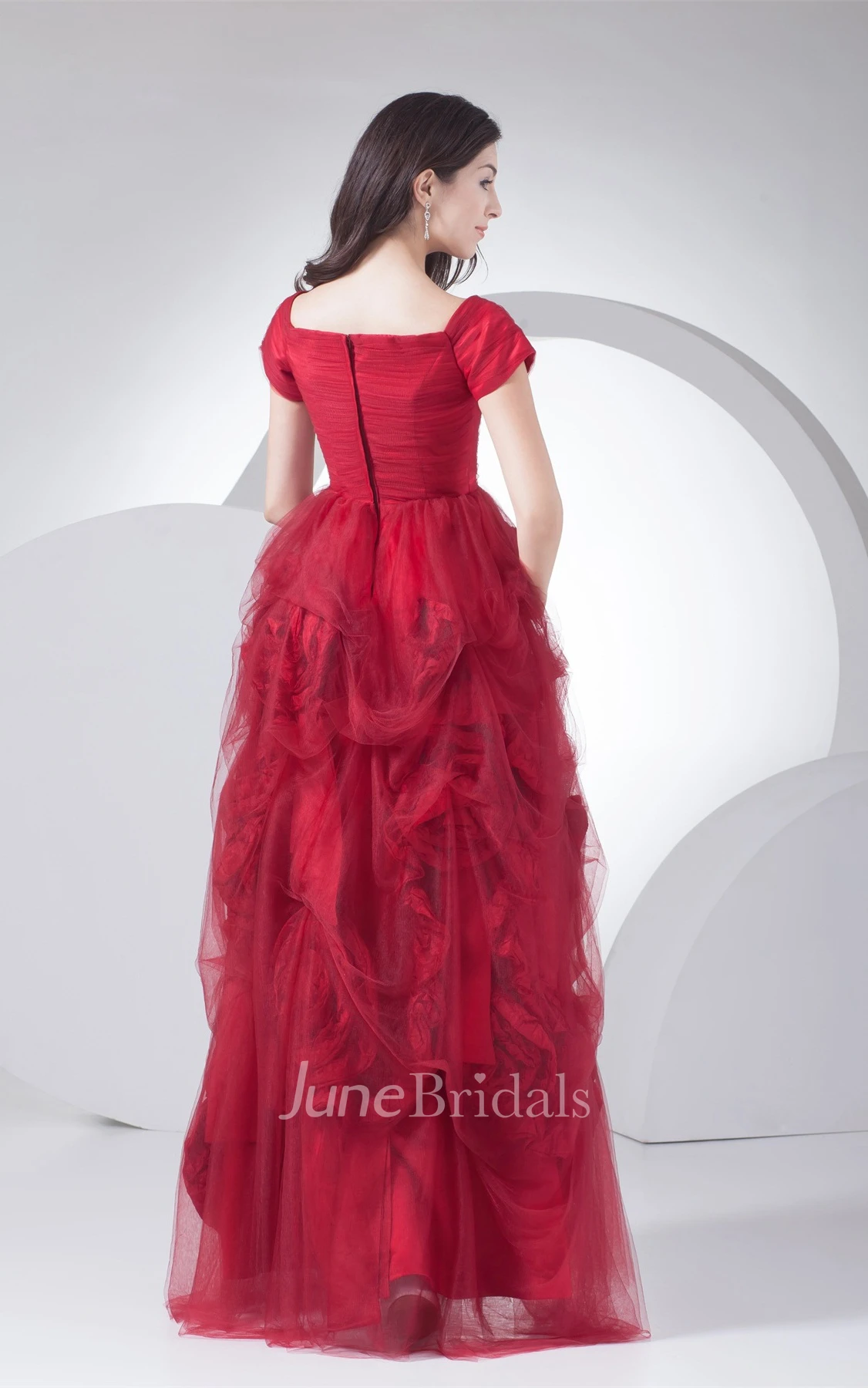 Short-Sleeve Pick-Up A-Line Gown with Ruching and Flower