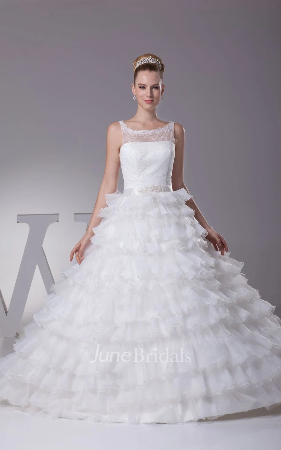 Square-Neck Appliqued A-Line Ball Gown Dress Tiers and Beaded Waist