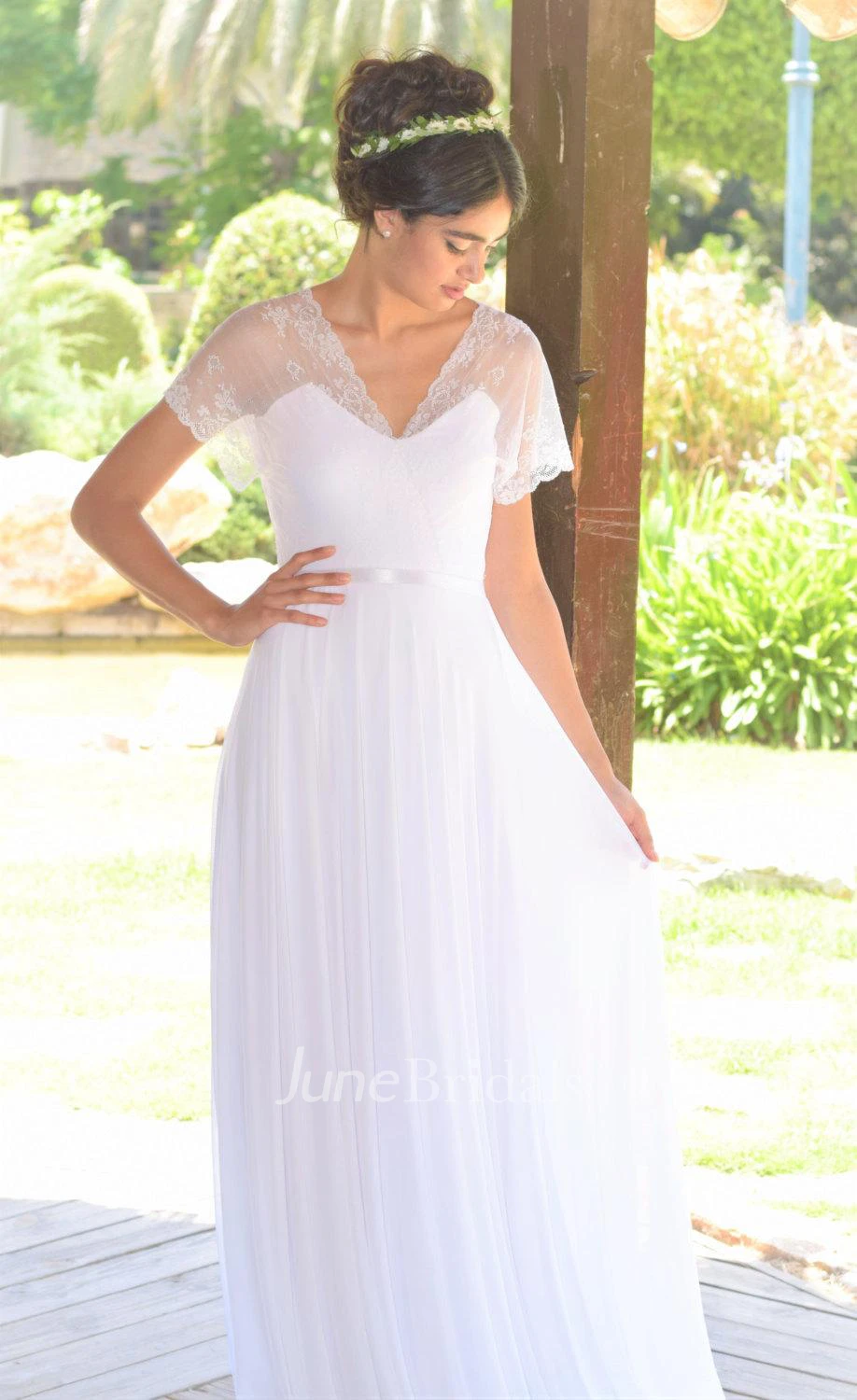 Short Sleeve Lace Chiffon Pleated Wedding Dress With Deep-V Back