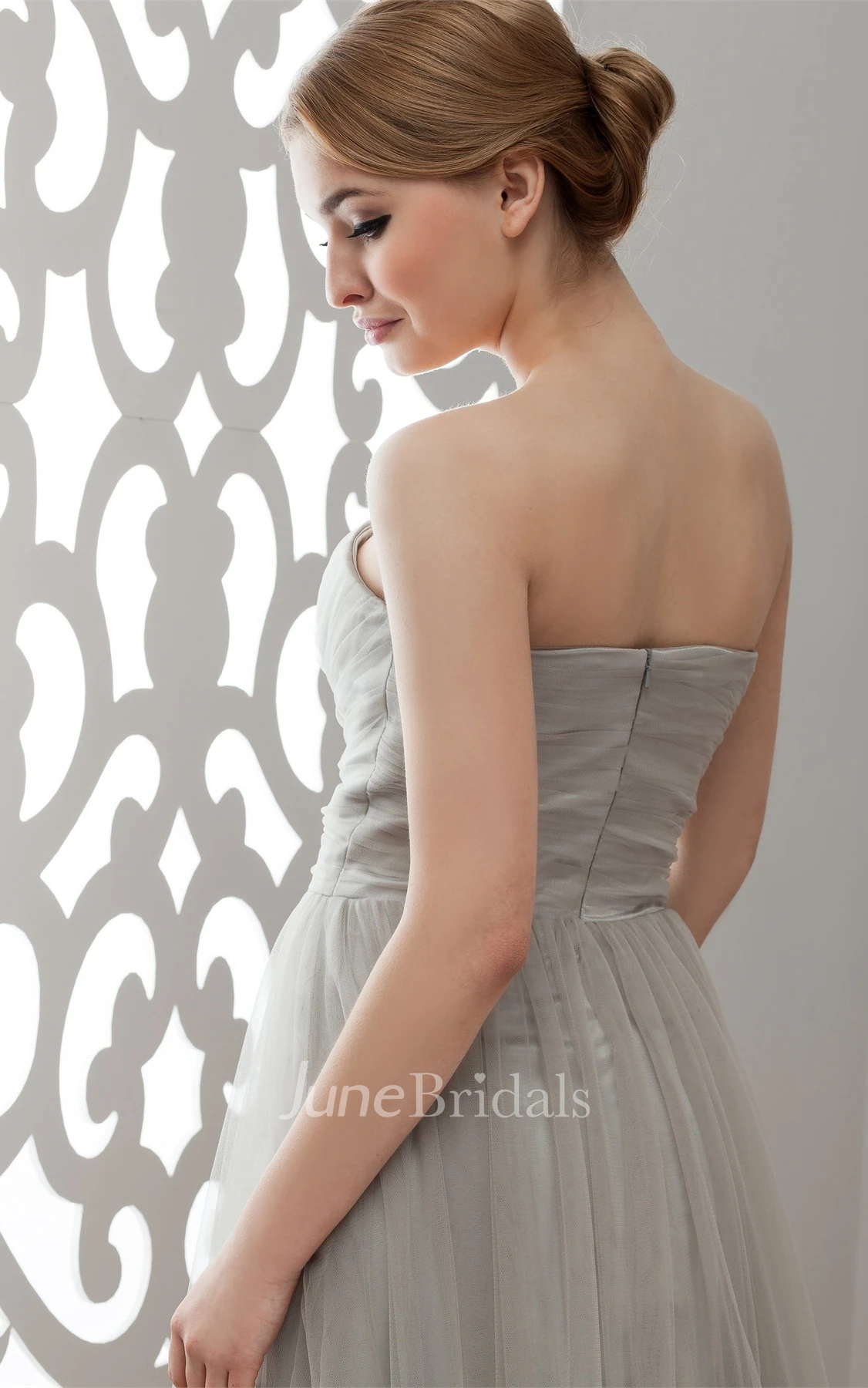 Strapless Tulle Floor-Length Gown with Flower and Pleats