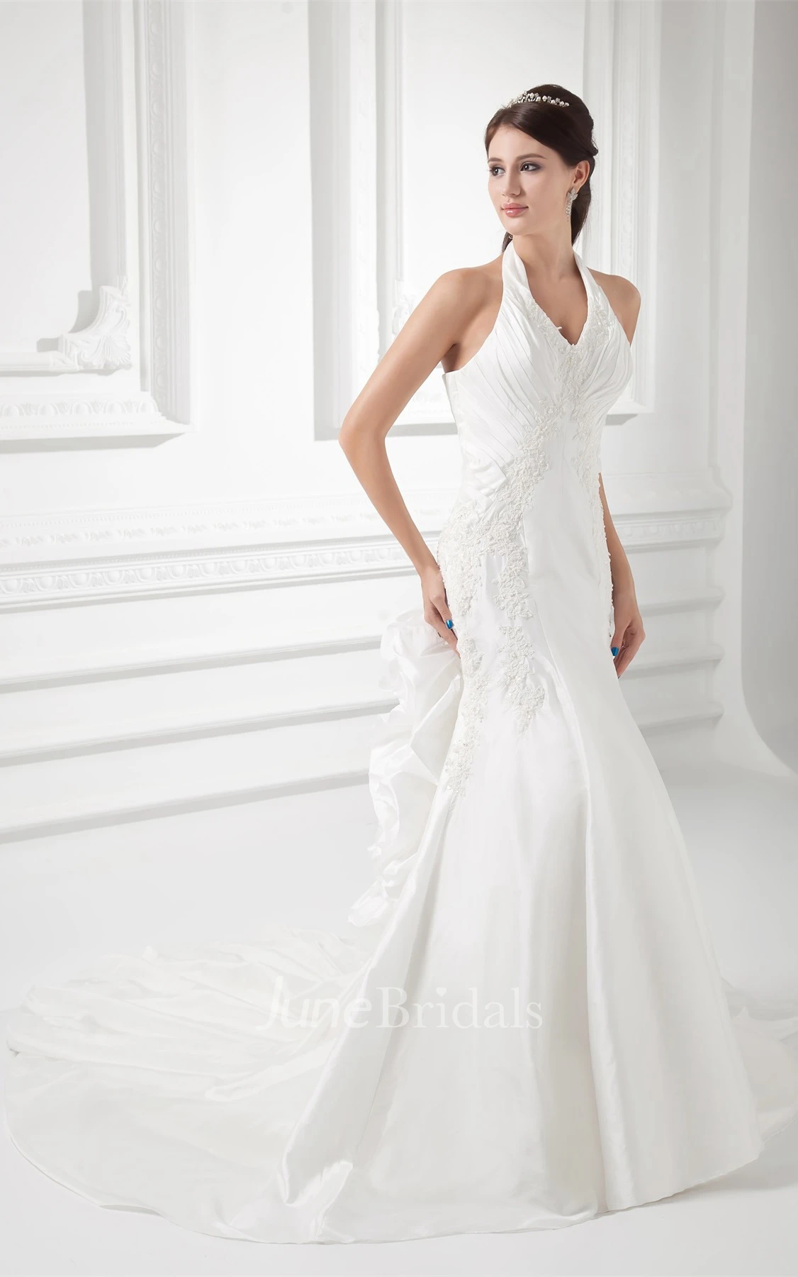 haltered a-line sleeveless gown with appliques and ruching