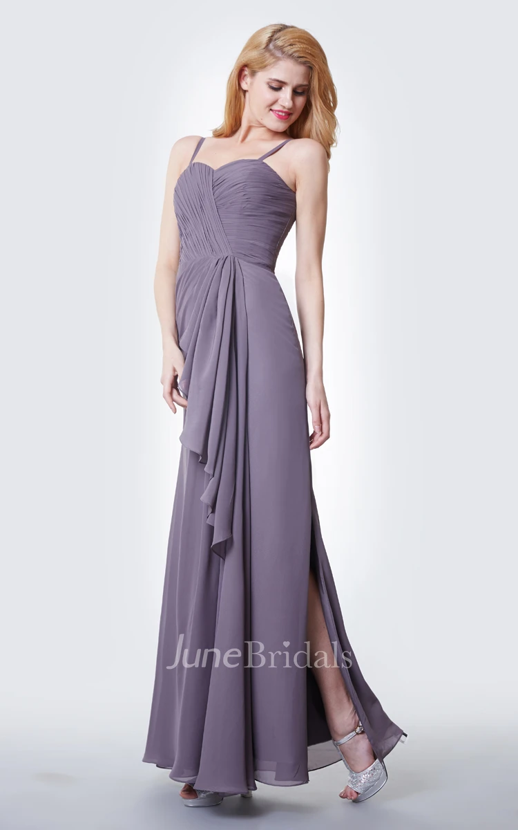 Sleeveless Draped Chiffon Gown With Ruching and Side Split