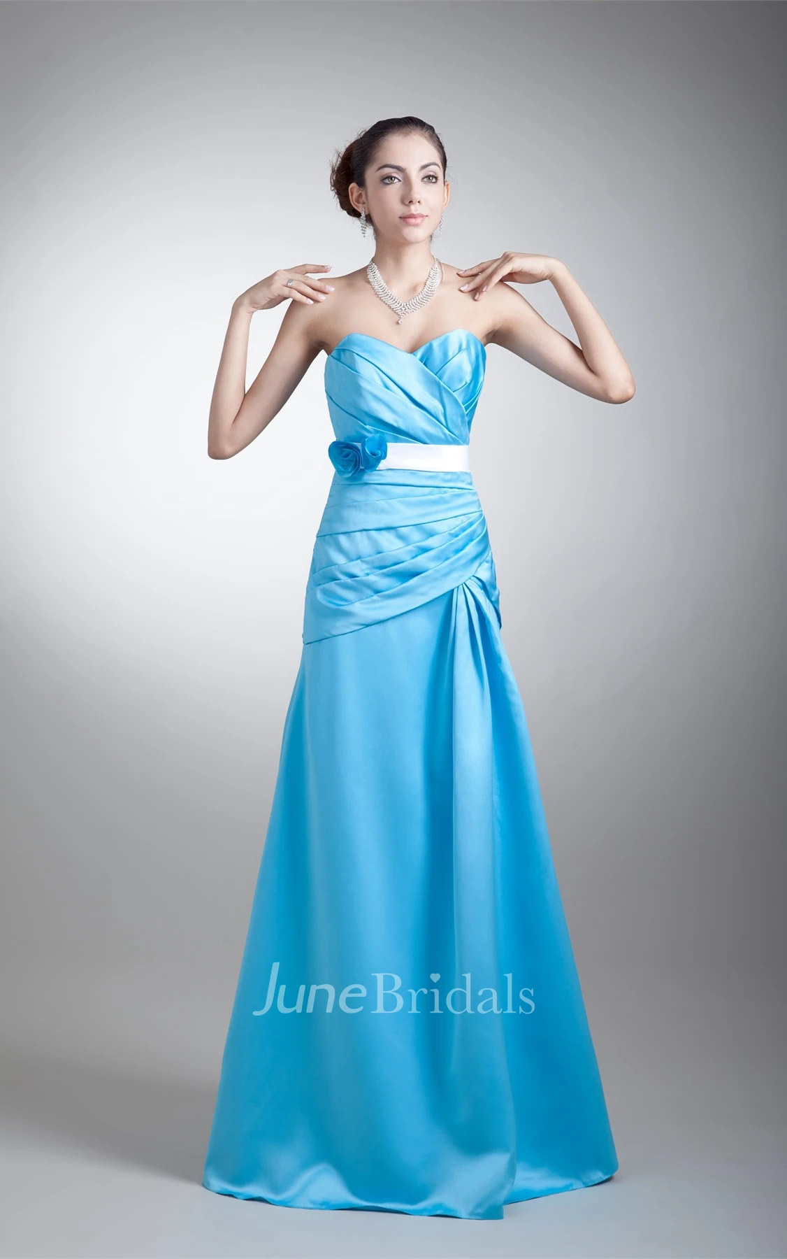 strapless a-line satin dress with flower and criss-cross ruching