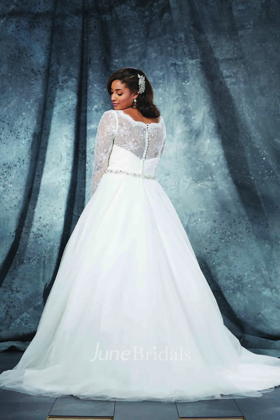 Ball Gown Long V-Neck Long Sleeve Tulle Criss Cross Waist Jewellery Court Train Illusion Waist Jewellery Dress