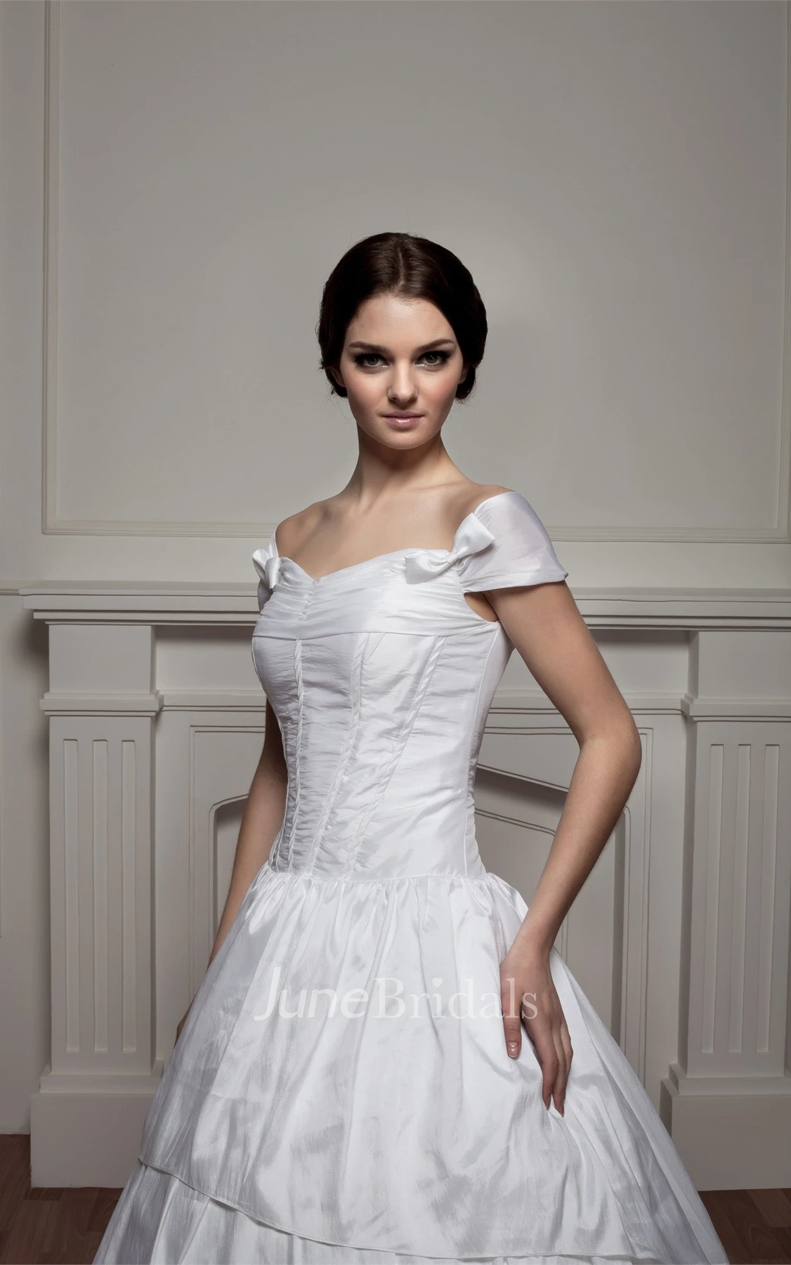 Off-The-Shoulder A-Line Gown with Ruching and Court Train