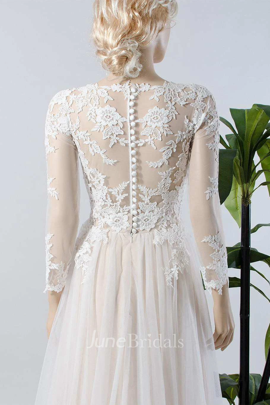 V-Neck Illusion Long Sleeve Lace Appliqued Tulle A-Line Pleated Wedding Dress