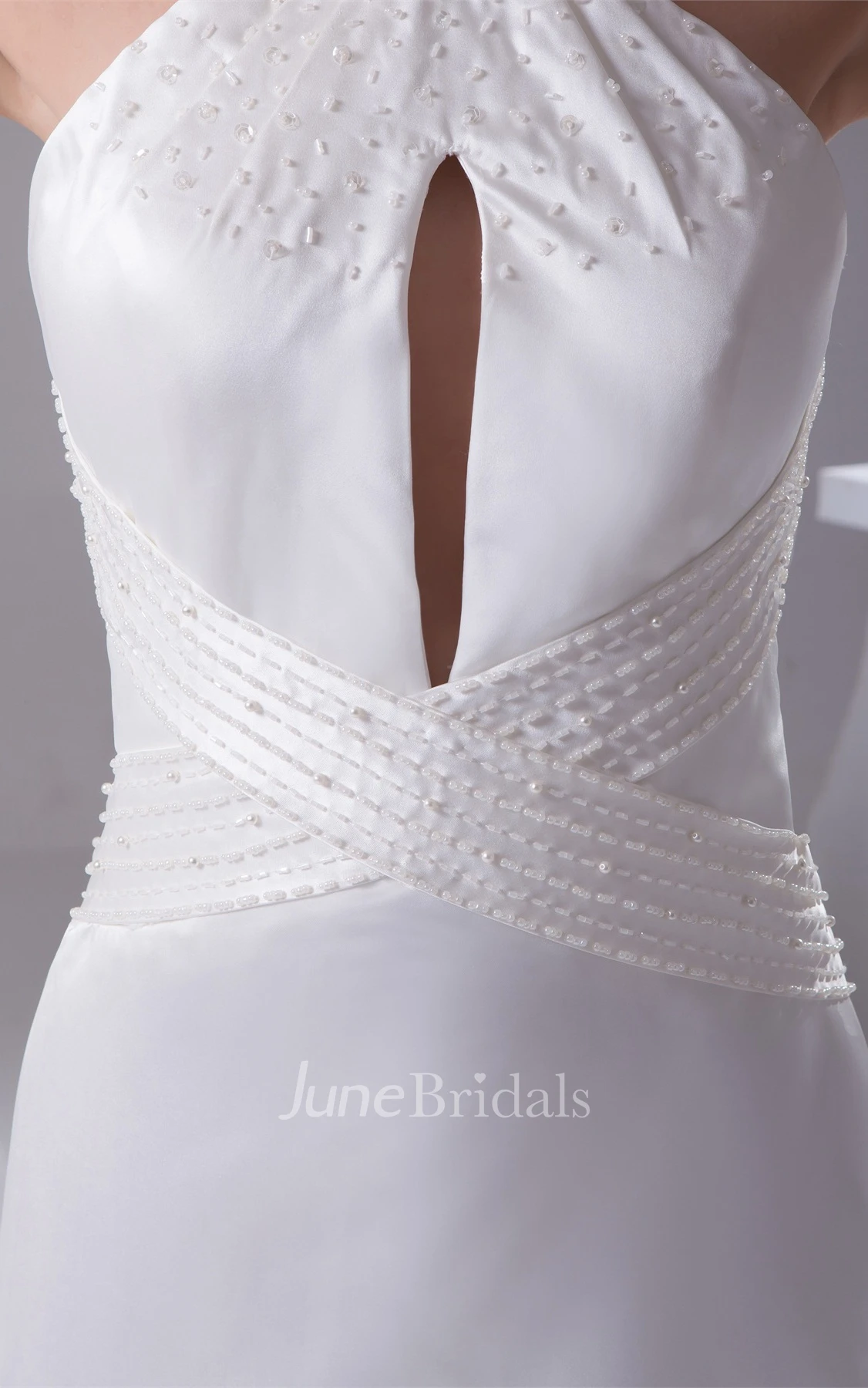 Sleeveless Satin A-Line Beaded Dress with Halter and Keyhole