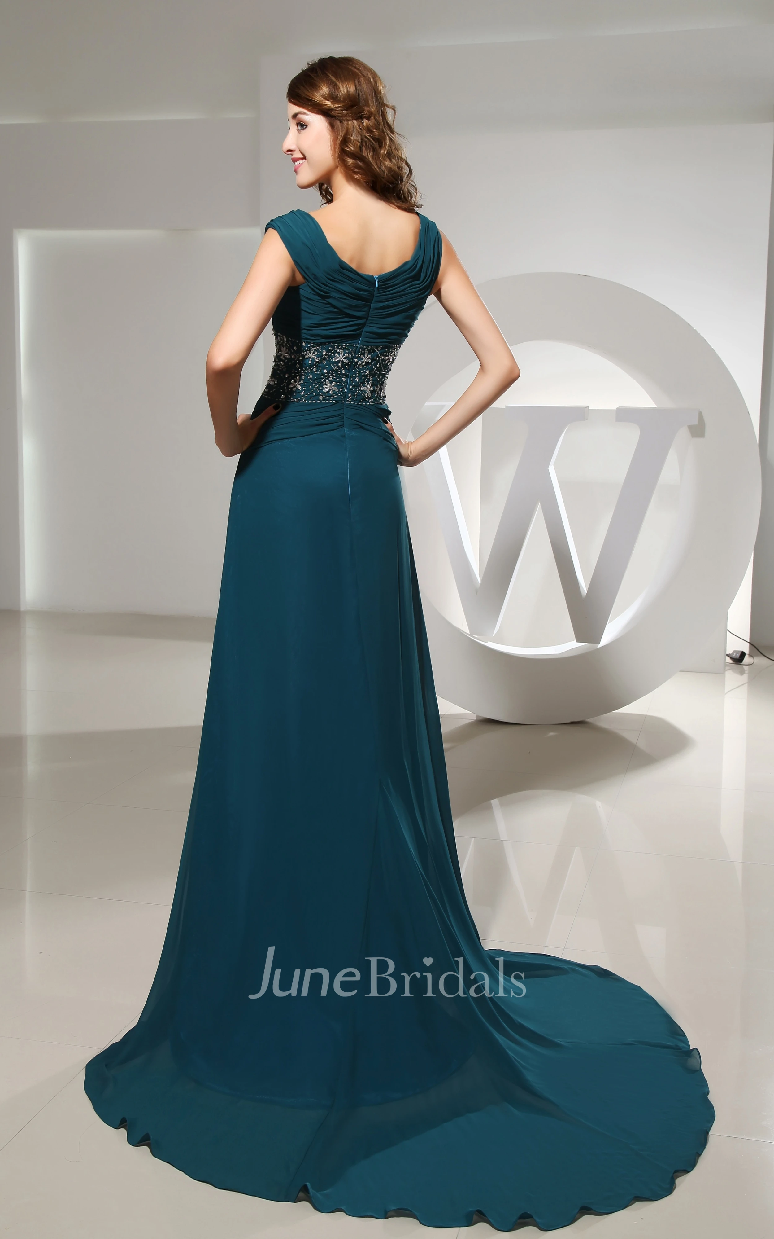 Sleeveless Chiffon Square-Neck Dress With Beaded Waist