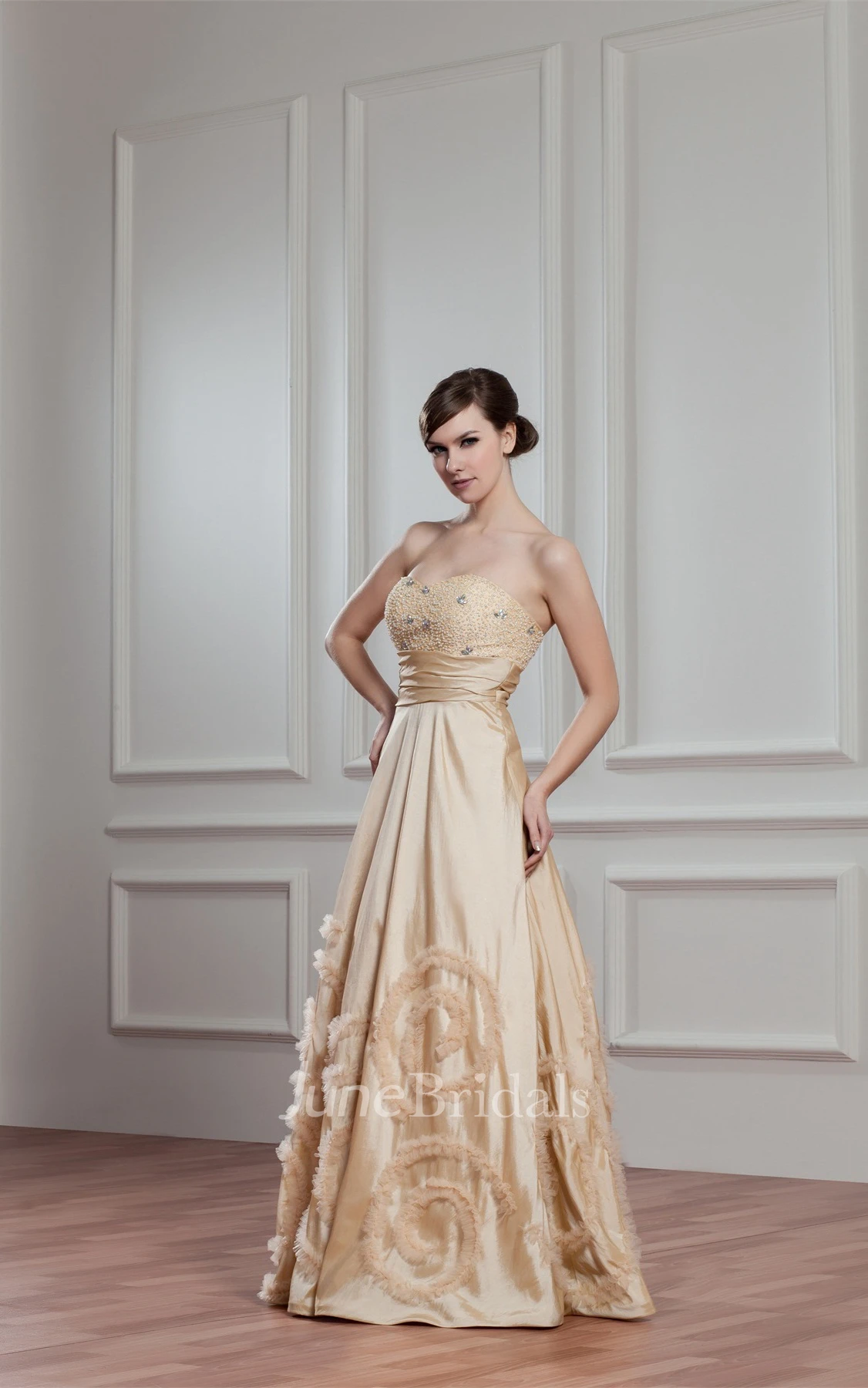 Sweetheart Pleated A-Line Gown with Ruffles and Beaded Top