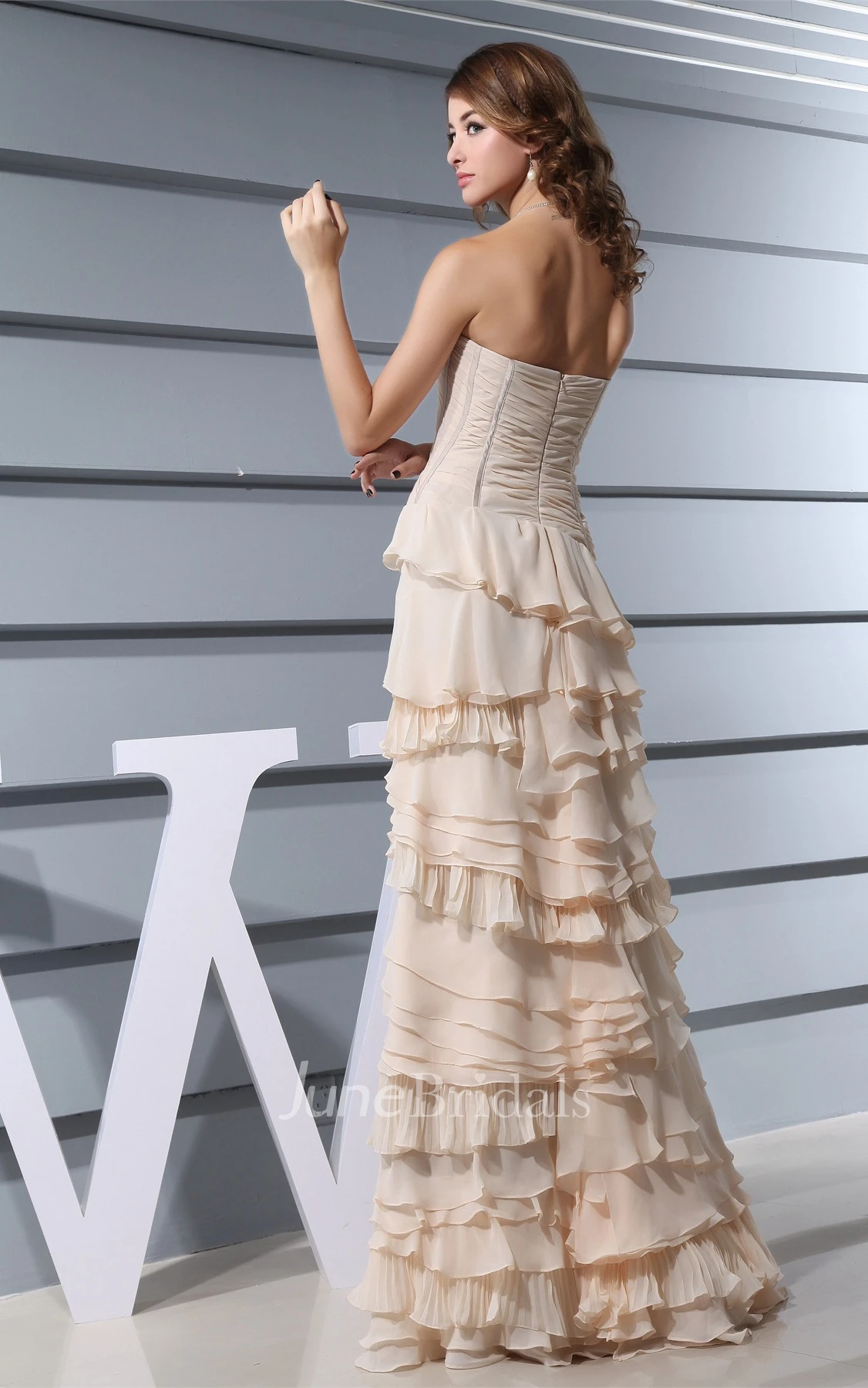 Strapless Ruched Chiffon A-Line Gown with Peplum and Tiers