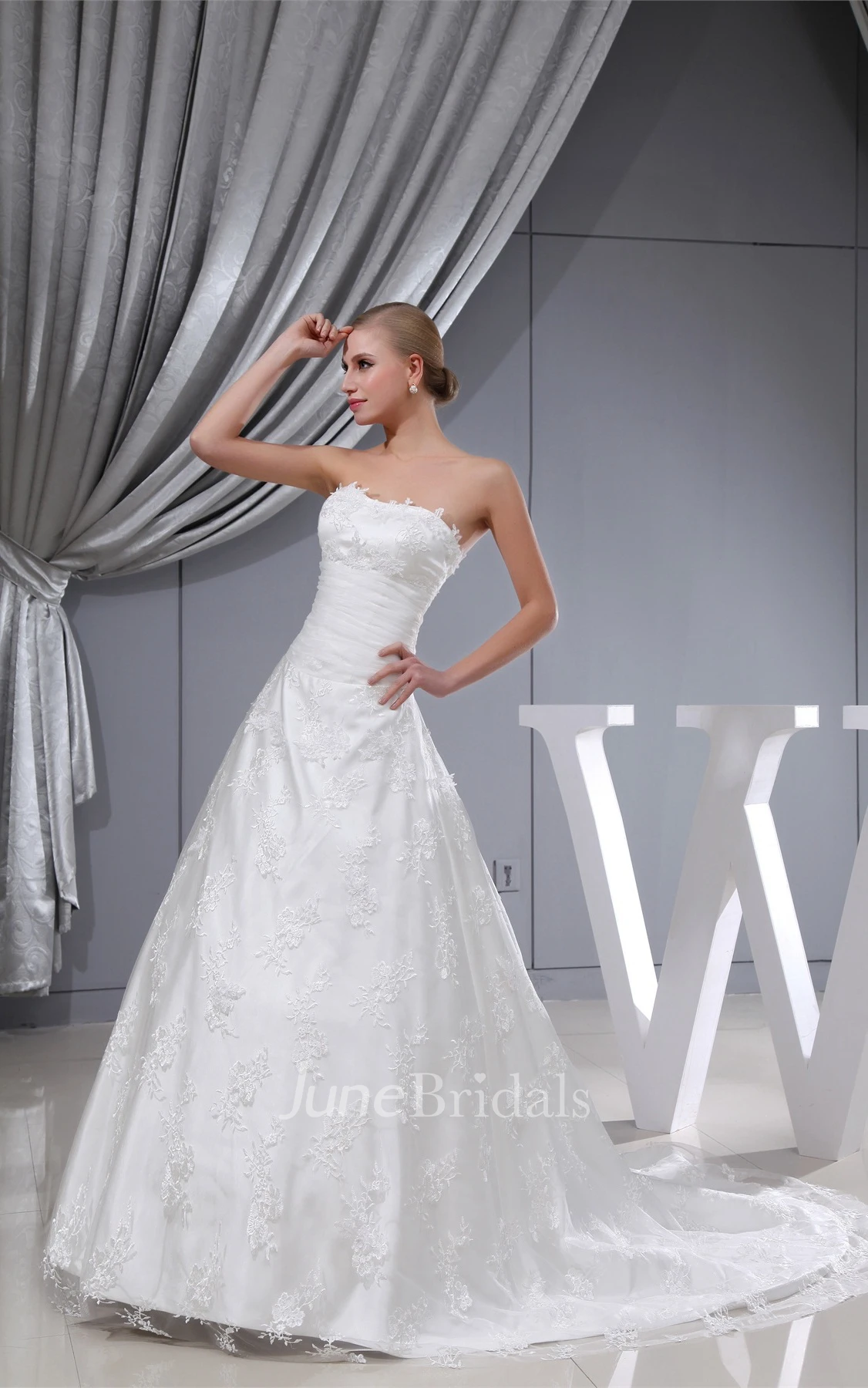 Long Strapless A-Line Lace Gown with Tulle Overlay and Cinched Waistband