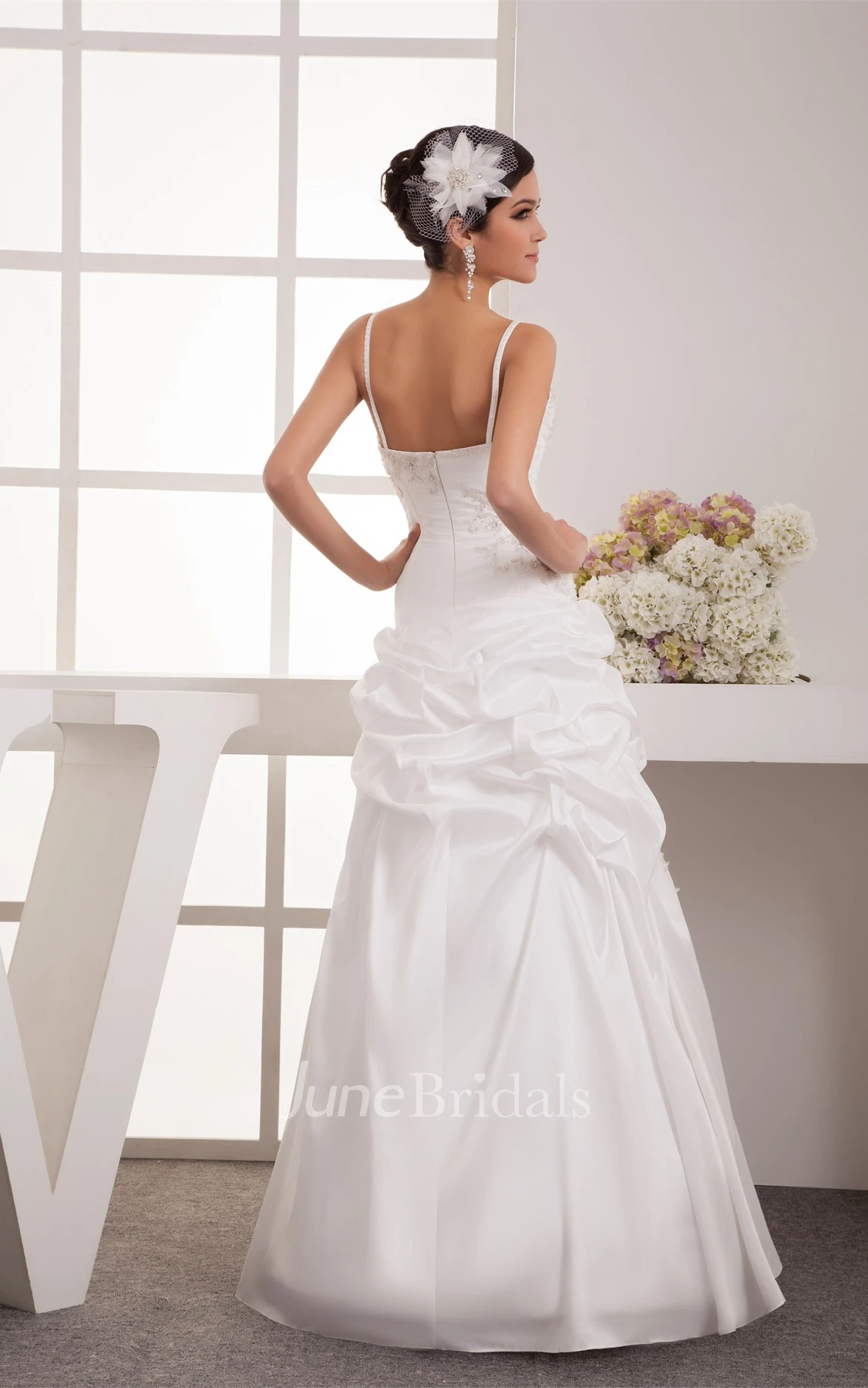 Pick-Up Floor-Length A-Line Gown with Appliques and Spaghetti-Straps