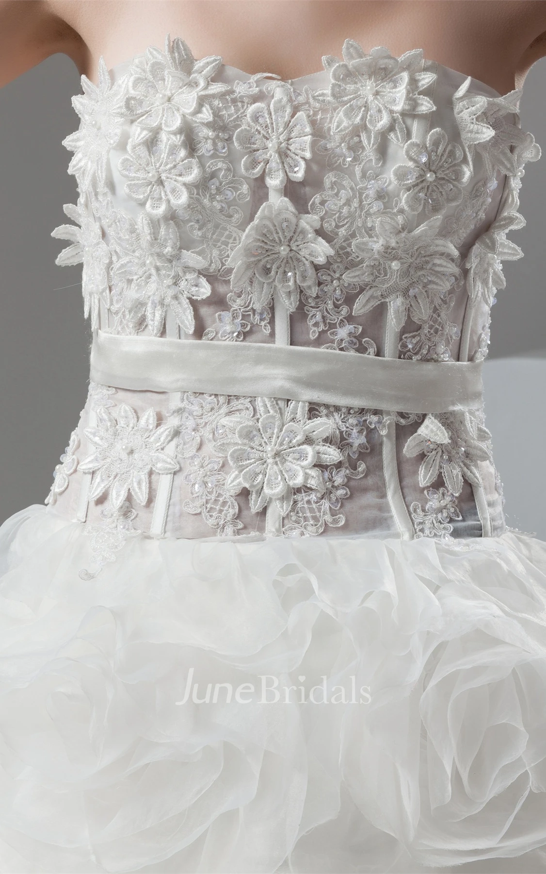 Strapless Ruffled Ball Gown with Flower and Appliques