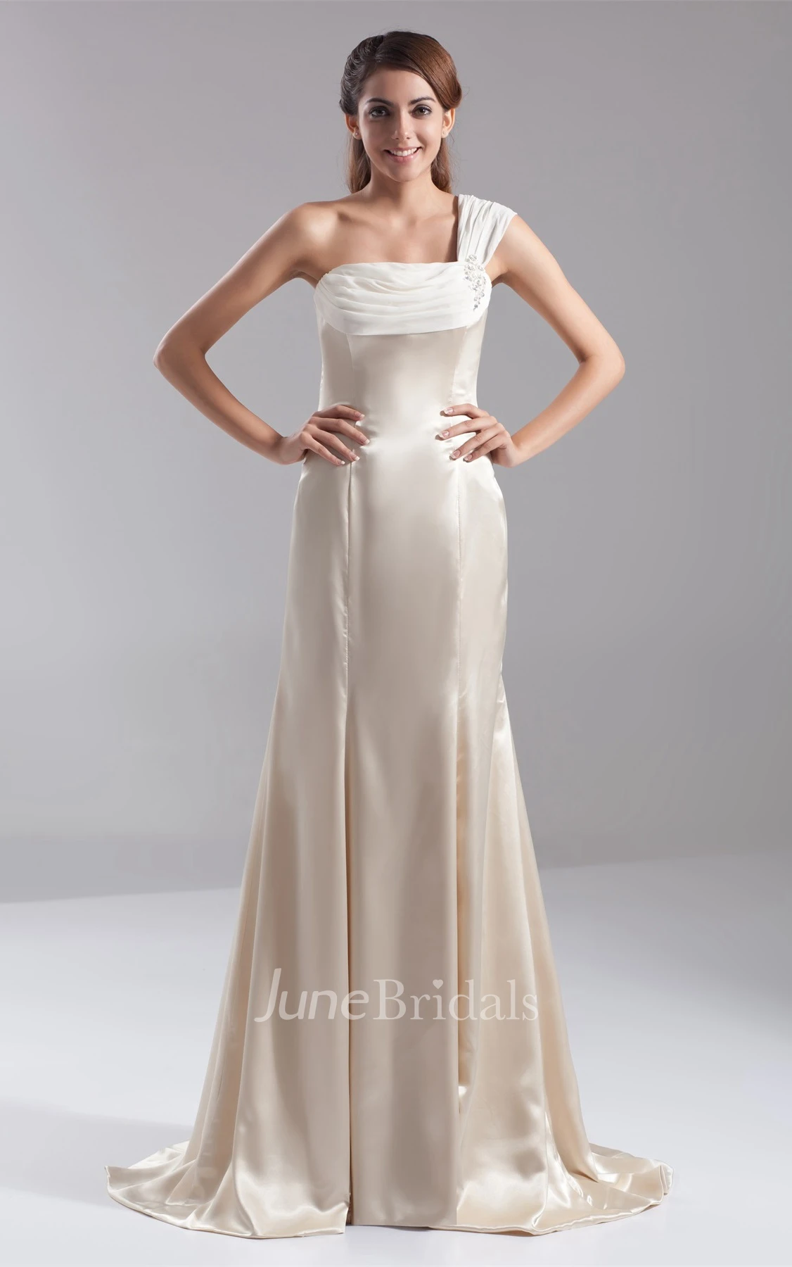 one-shoulder a-line maxi satin dress with brush train