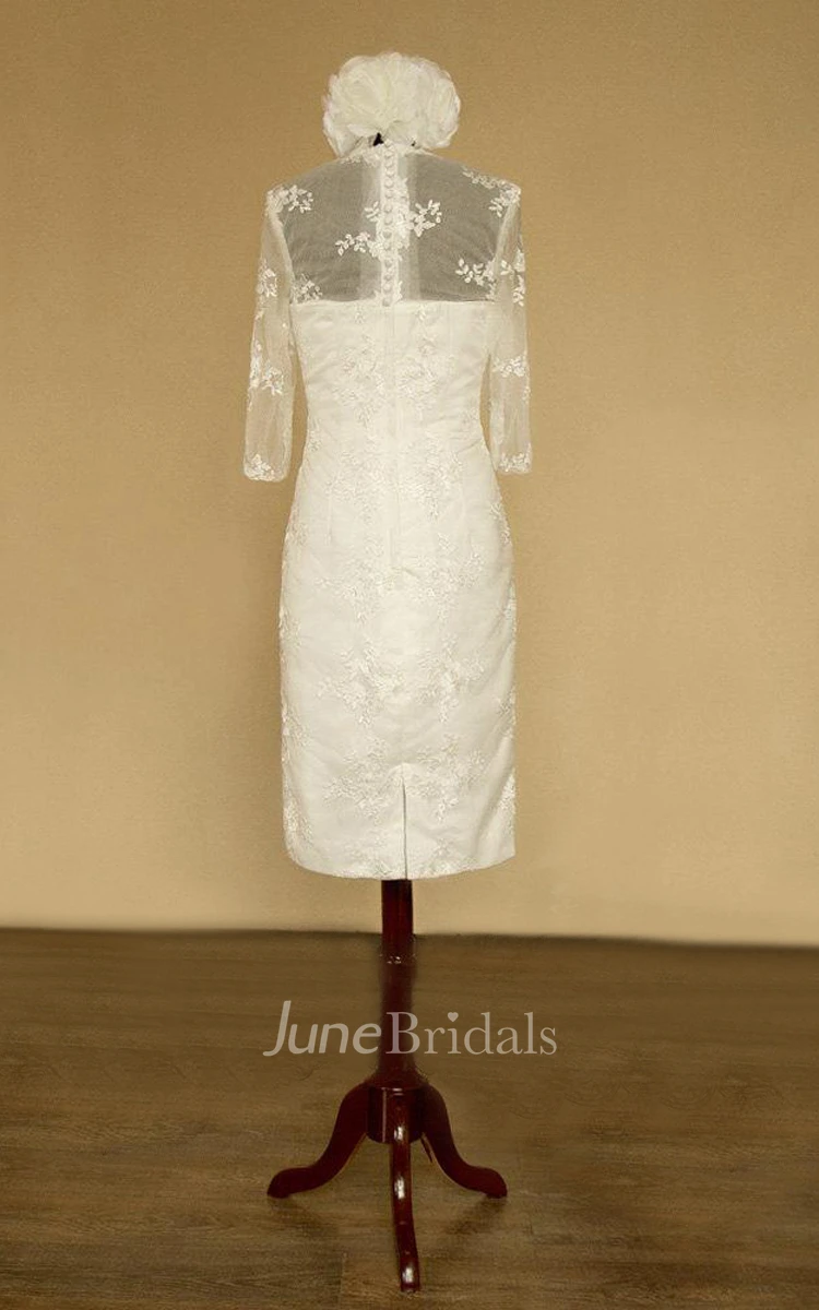 High-Neck Half Sleeve Sheath Satin Wedding Dress With Flower