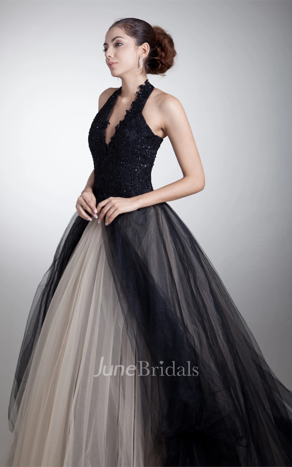 plunged jeweled ball sleeveless gown with halter and tulle overlay