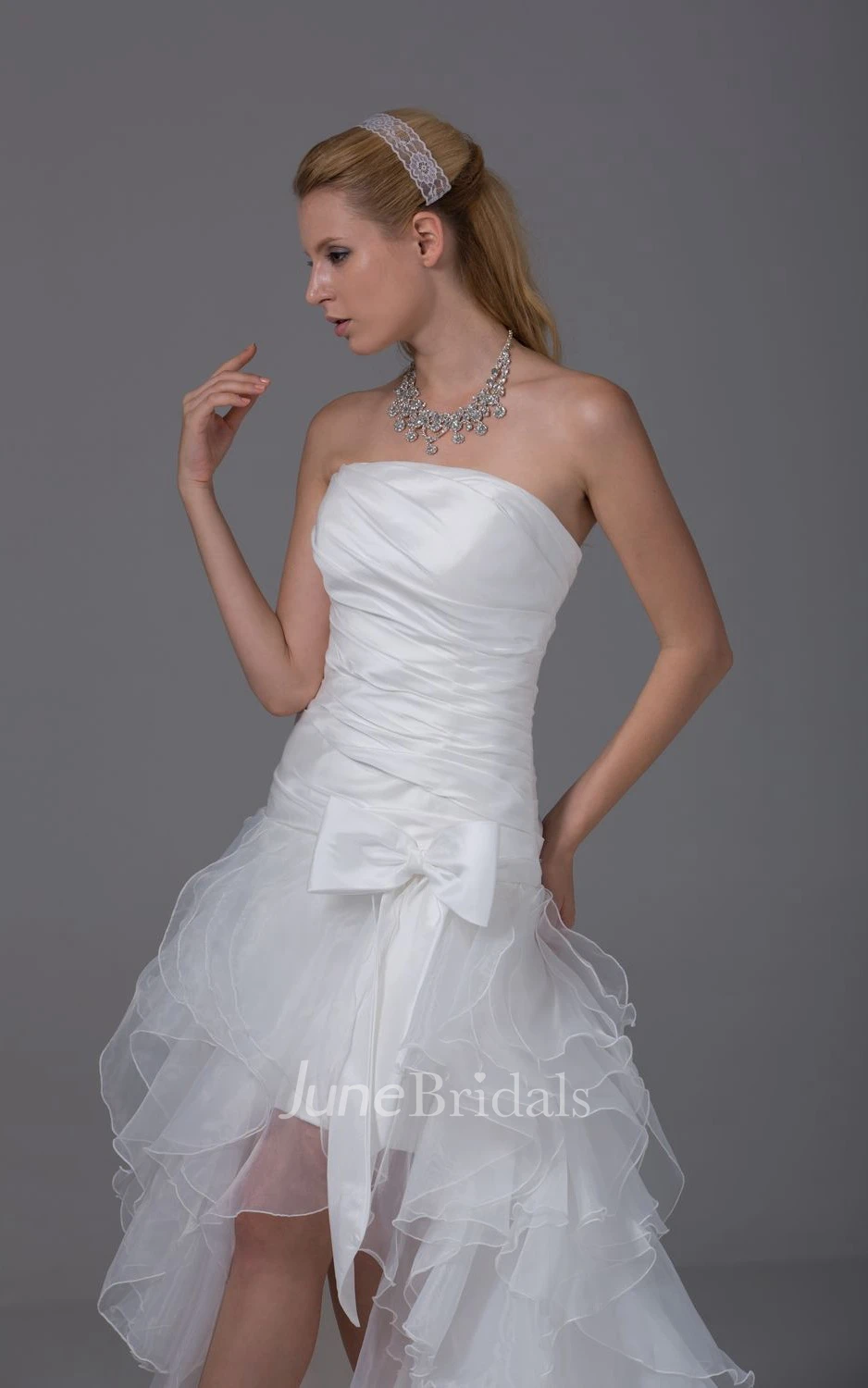 Strapless High-Low Organza Dress With Bow and Ruching