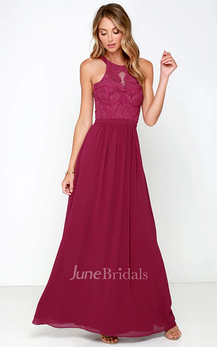 Sleeveless Chiffon Long Noble Dress With Lace Bodice