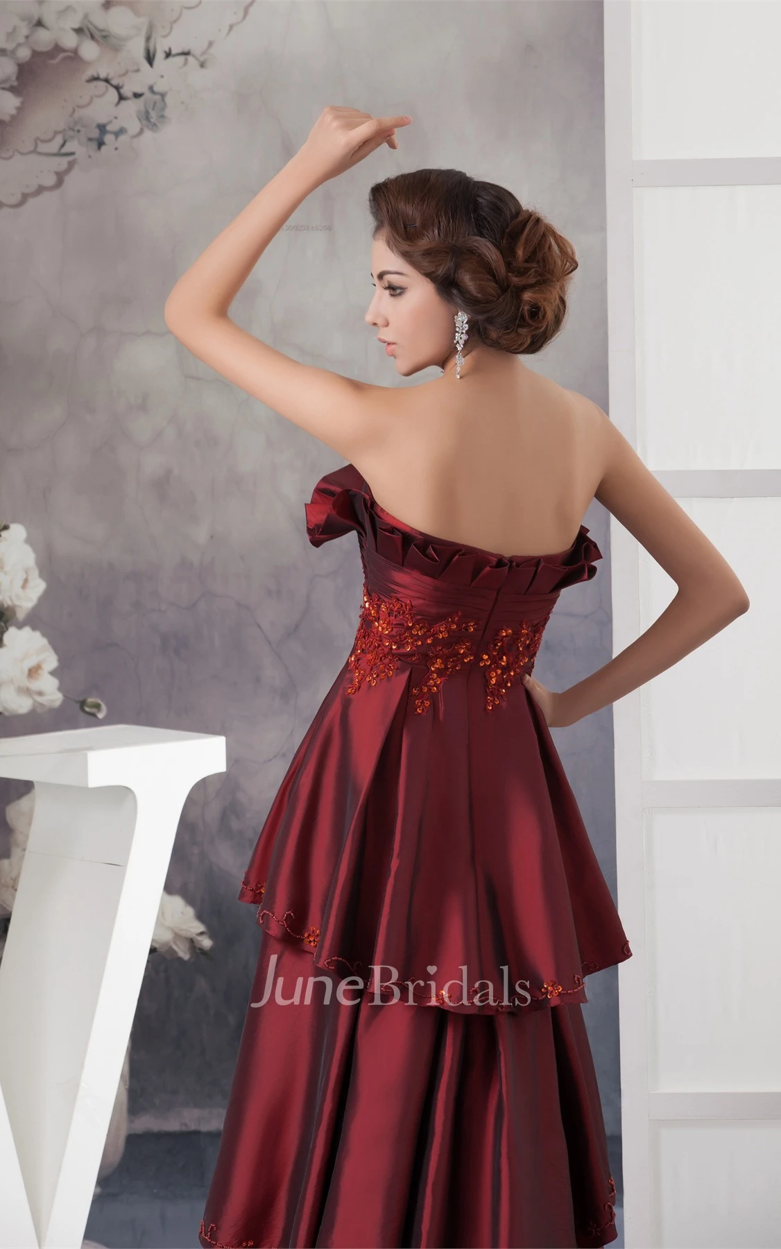 Strapless Tiered A-Line Gown with Beading and Appliques