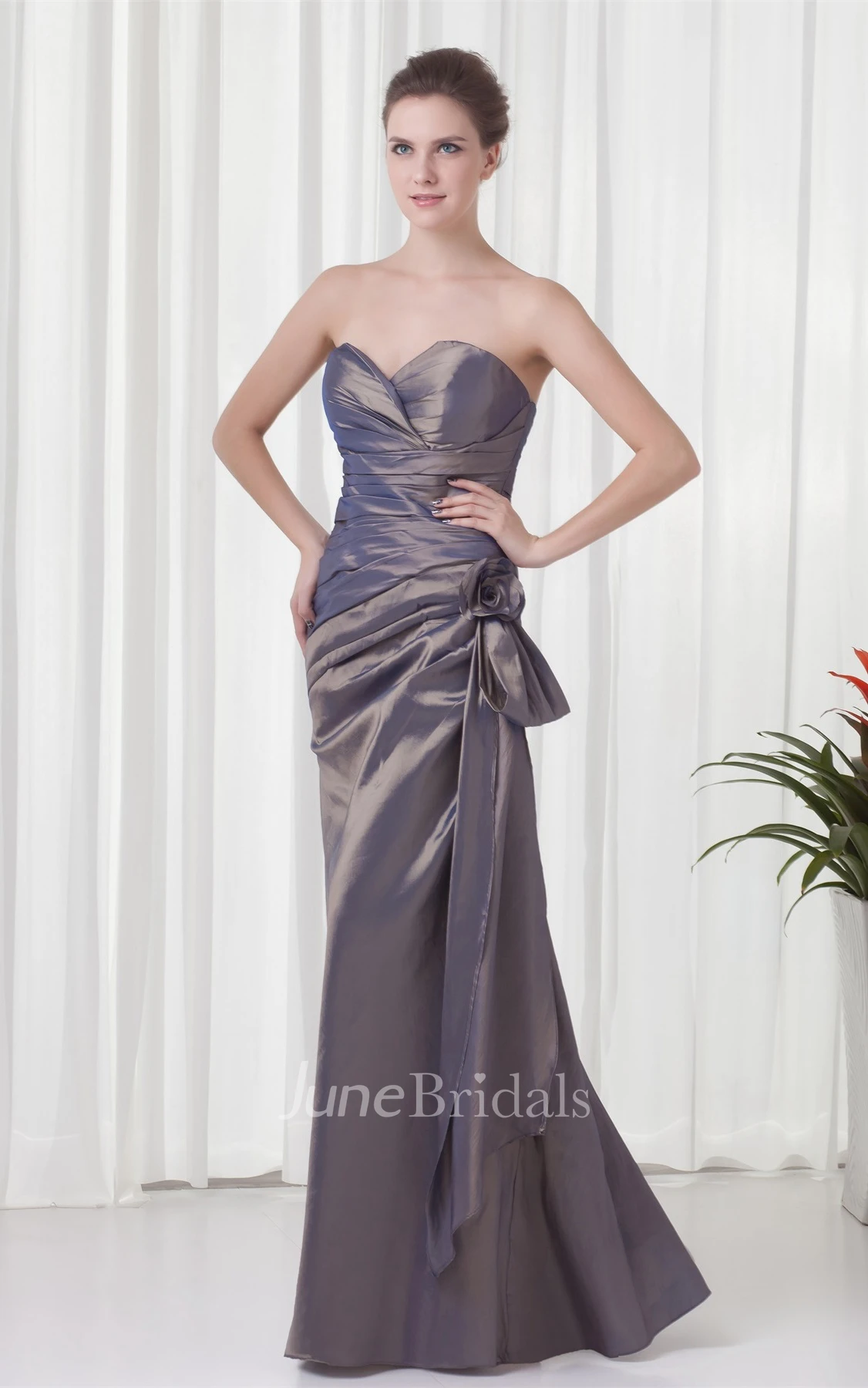 sleeveless sheath notched dress with draping and flower