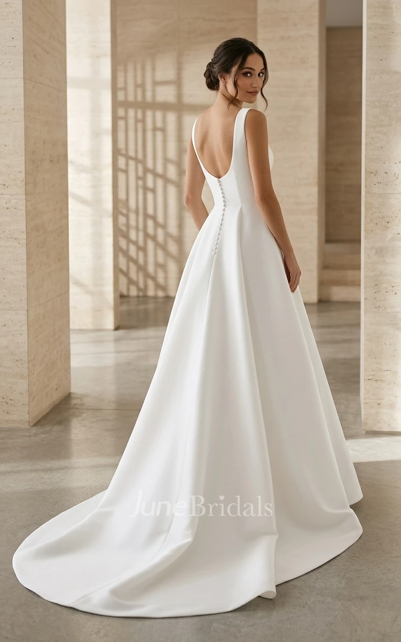 Minimalist Square Neck Wedding Dress Sleeveless A-Line Satin Bridal Gown