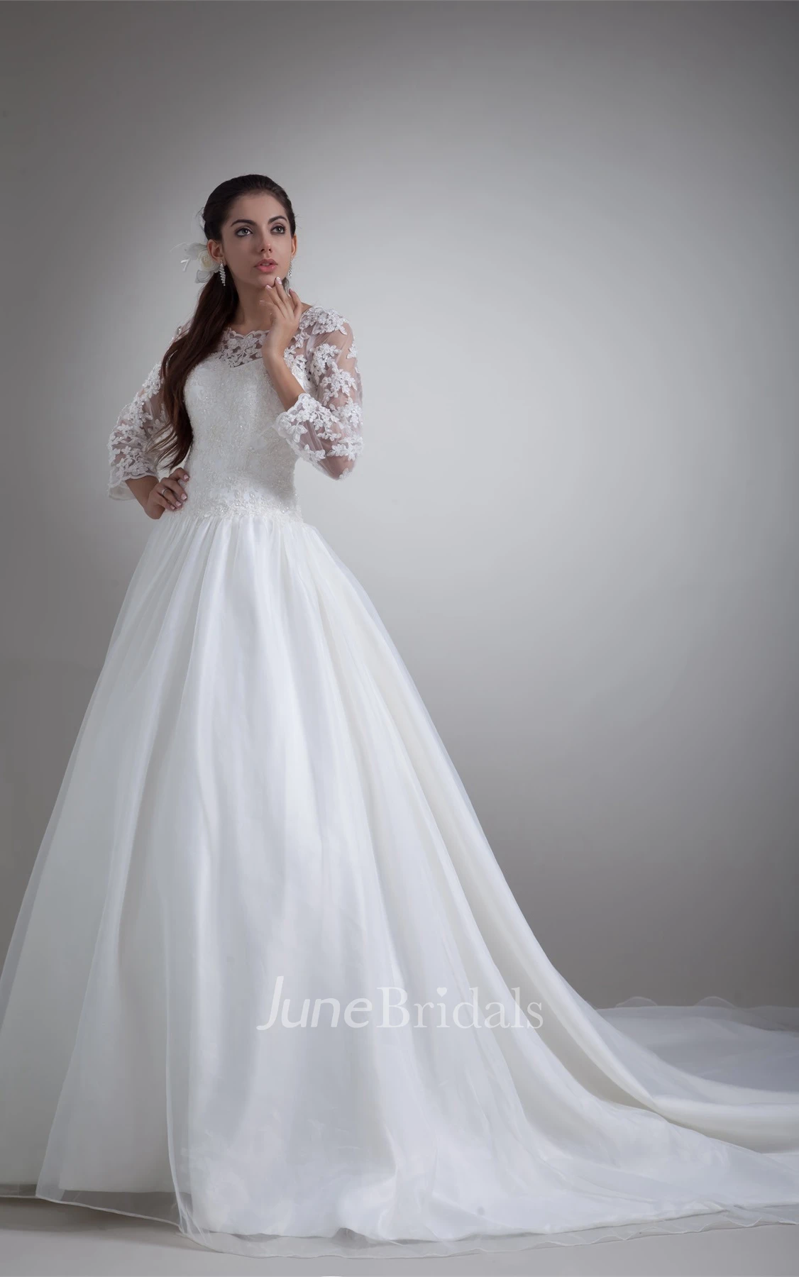 A-Line Pleated Lace Ball Gown with Illusion Long Sleeves