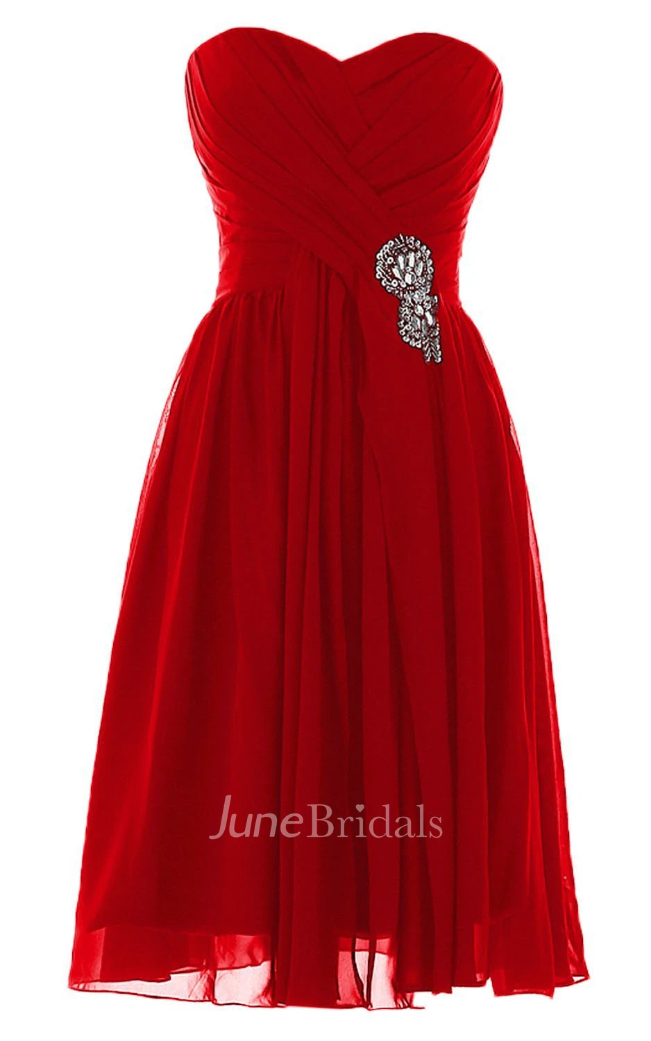 Sweetheart Knee-length Pleated Chiffon Dress With Crystal Stones