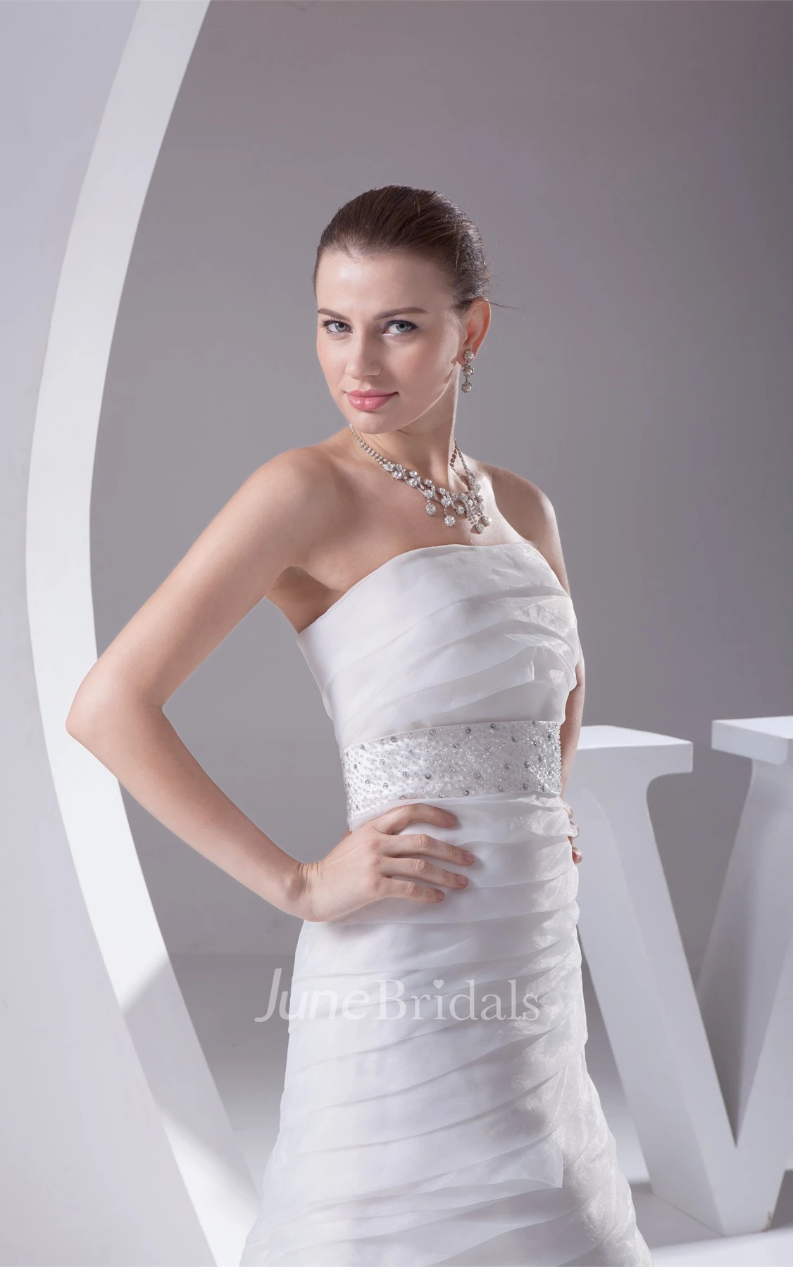 Strapless A-Line Dress with Overall Ruched Design and Gemmed Waist