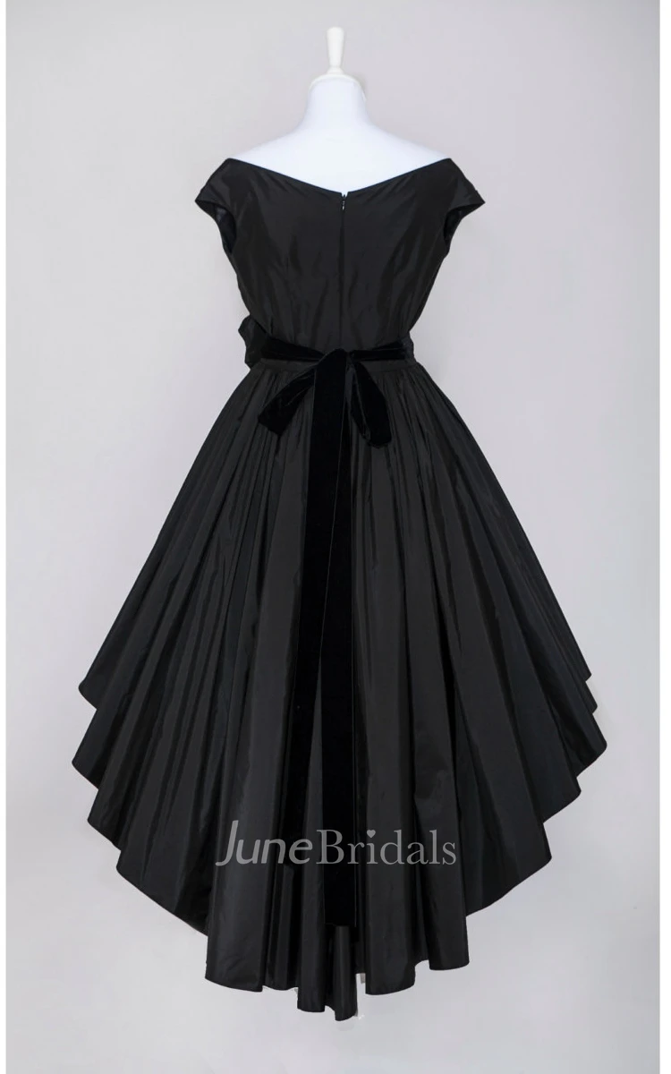 Cap-sleeve V-neck High Low Satin Dress With Flower and Pleats