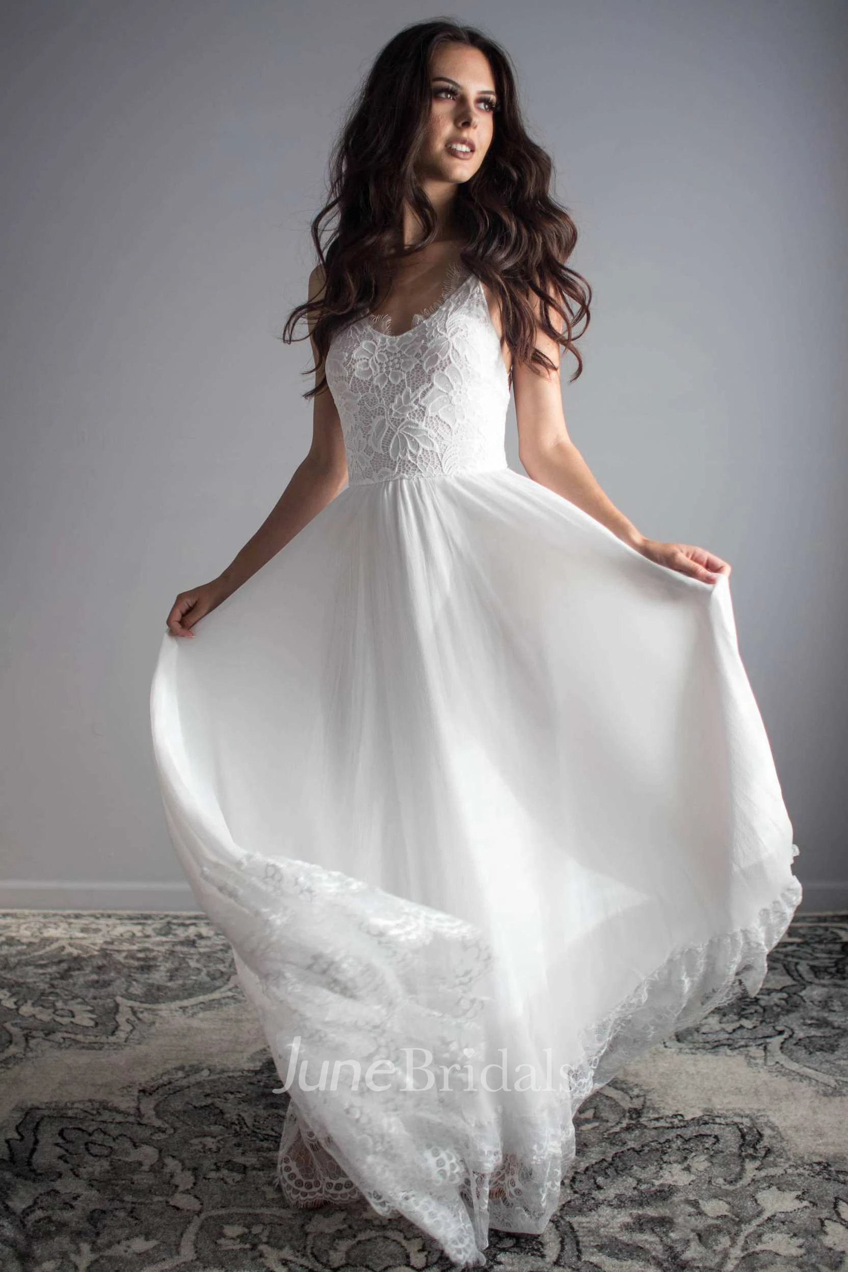 Ethereal Floor Length Chiffon Lace Wedding Dress for Summer