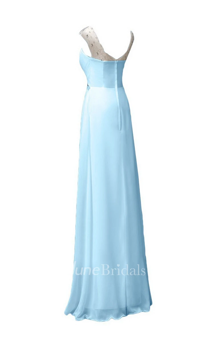 Sleeveless Long Ruffled Chiffon Dress With Beaded Neck
