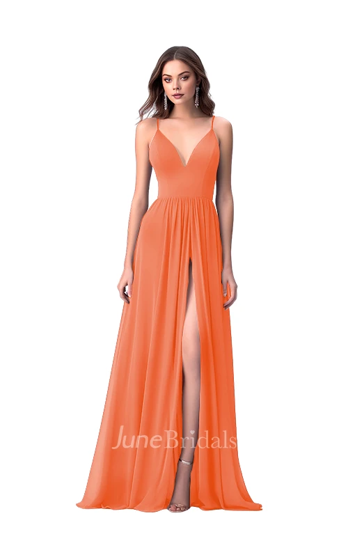 Romantic A-Line Spaghetti V-neck Chiffon Bridesmaid Dress with Split Front