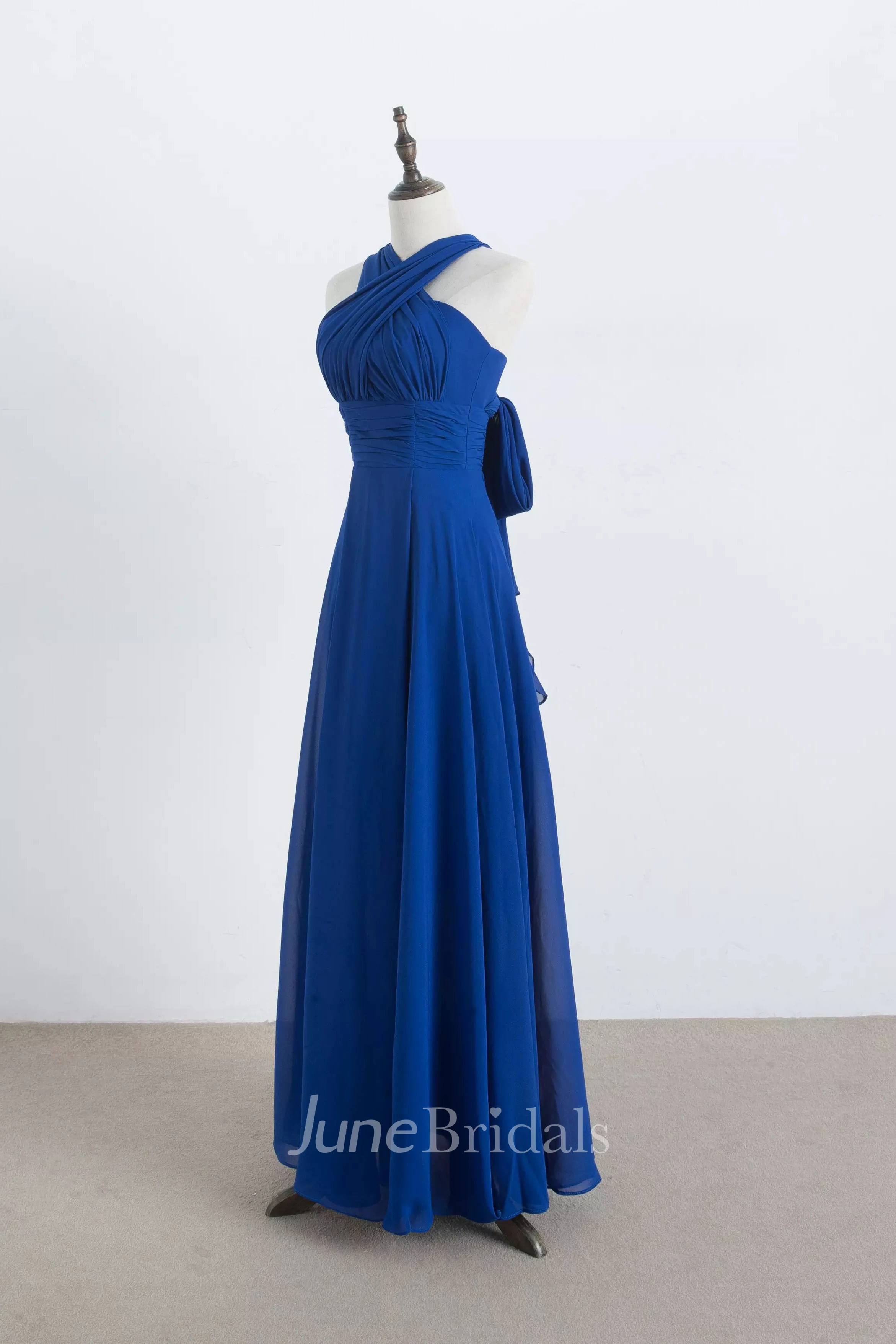 A-line Halter Sleeveless Floor-length Chiffon Bridesmaid Dress with Pleats