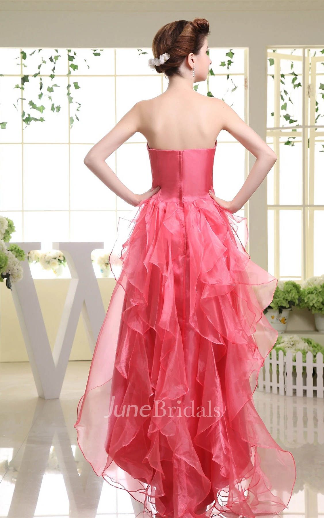 Strapless High-Low Dress with Beading and Cascading Ruffles
