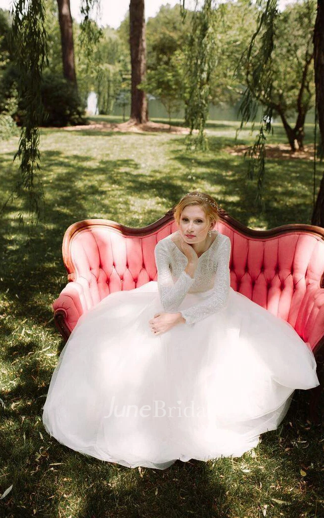 Scoop Long Sleeve Tulle Dress With Sequin Lace Top