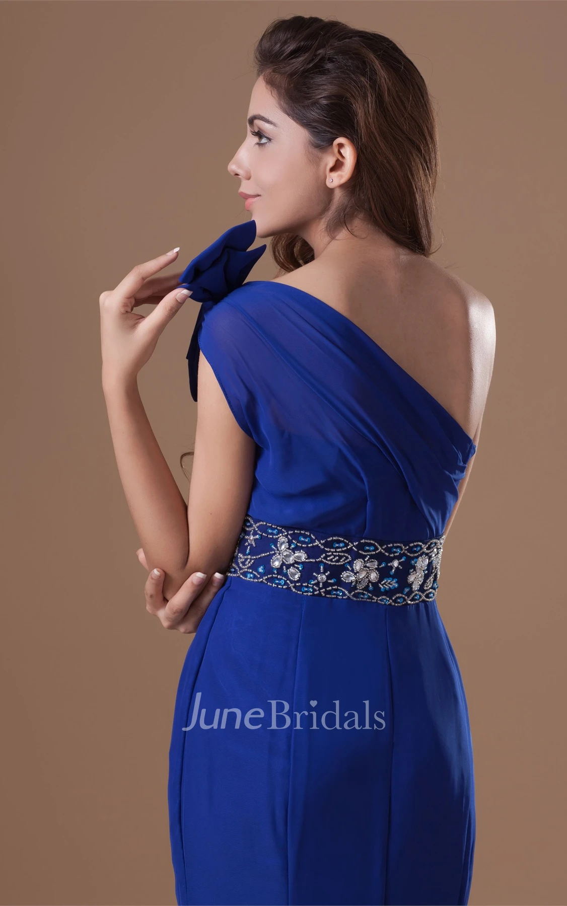 one-shoulder sheath chiffon dress with epaulet and jeweled waist
