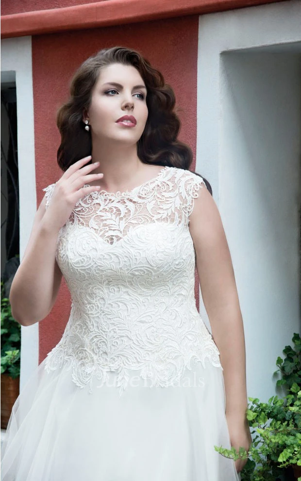 A-Line Long Scoop Neck Sleeveless Lace Tulle  Dress