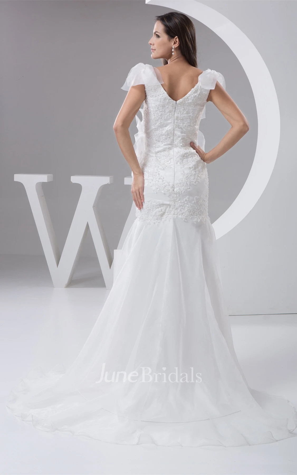 V-Neck Sheath Maxi Dress with Appliques and Brush Train