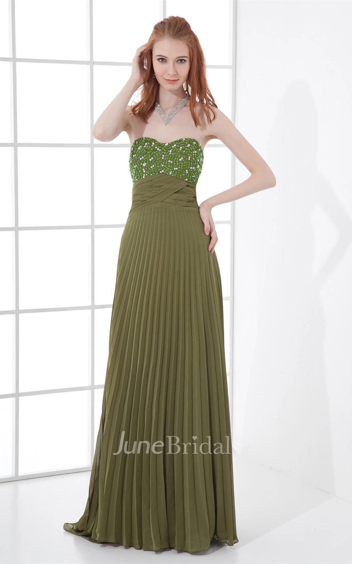 Sweetheart Pleated Maxi Dress with Gemmed Top