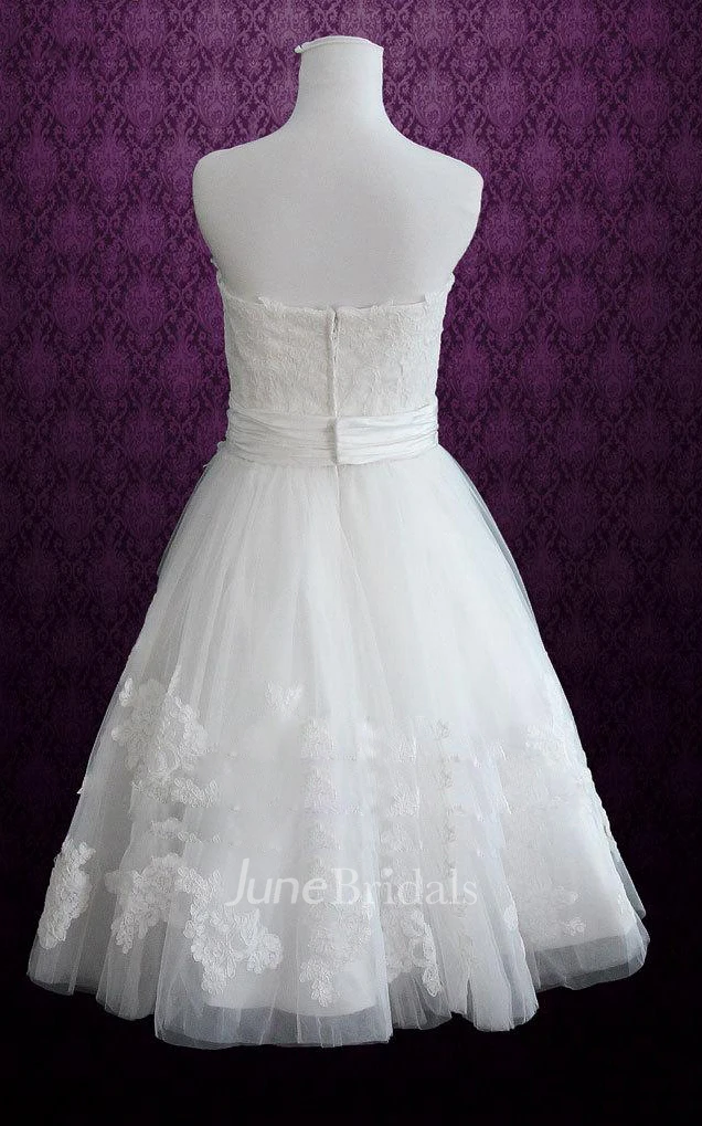 Short Knee-Length Strapped Tulle Lace Satin Weddig Dress