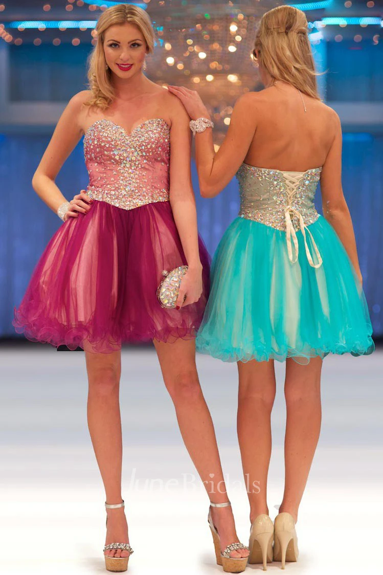 A-Line Short Strapless Beaded Tulle Prom Dress With Lace-Up
