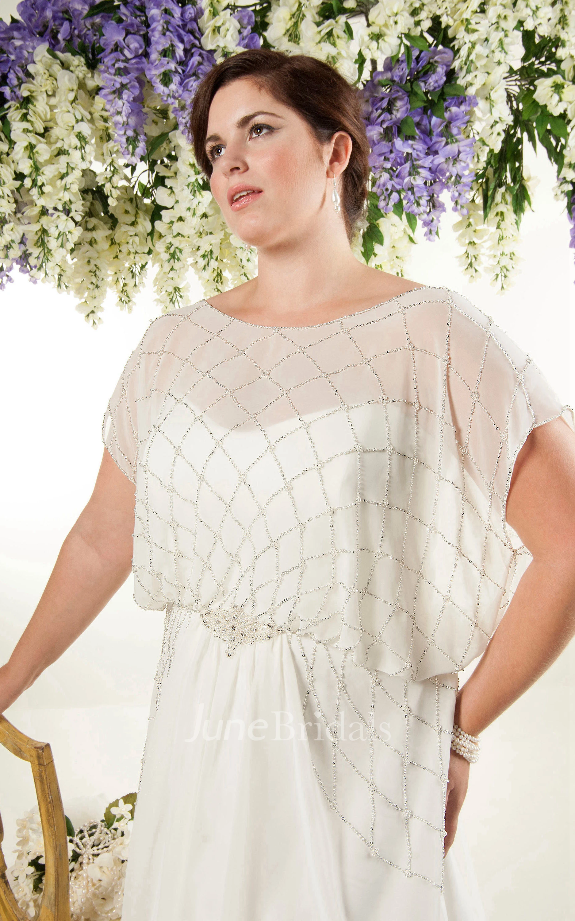 Chiffon Short-Sleeve Sheath Dress With Beading And Sweep Train